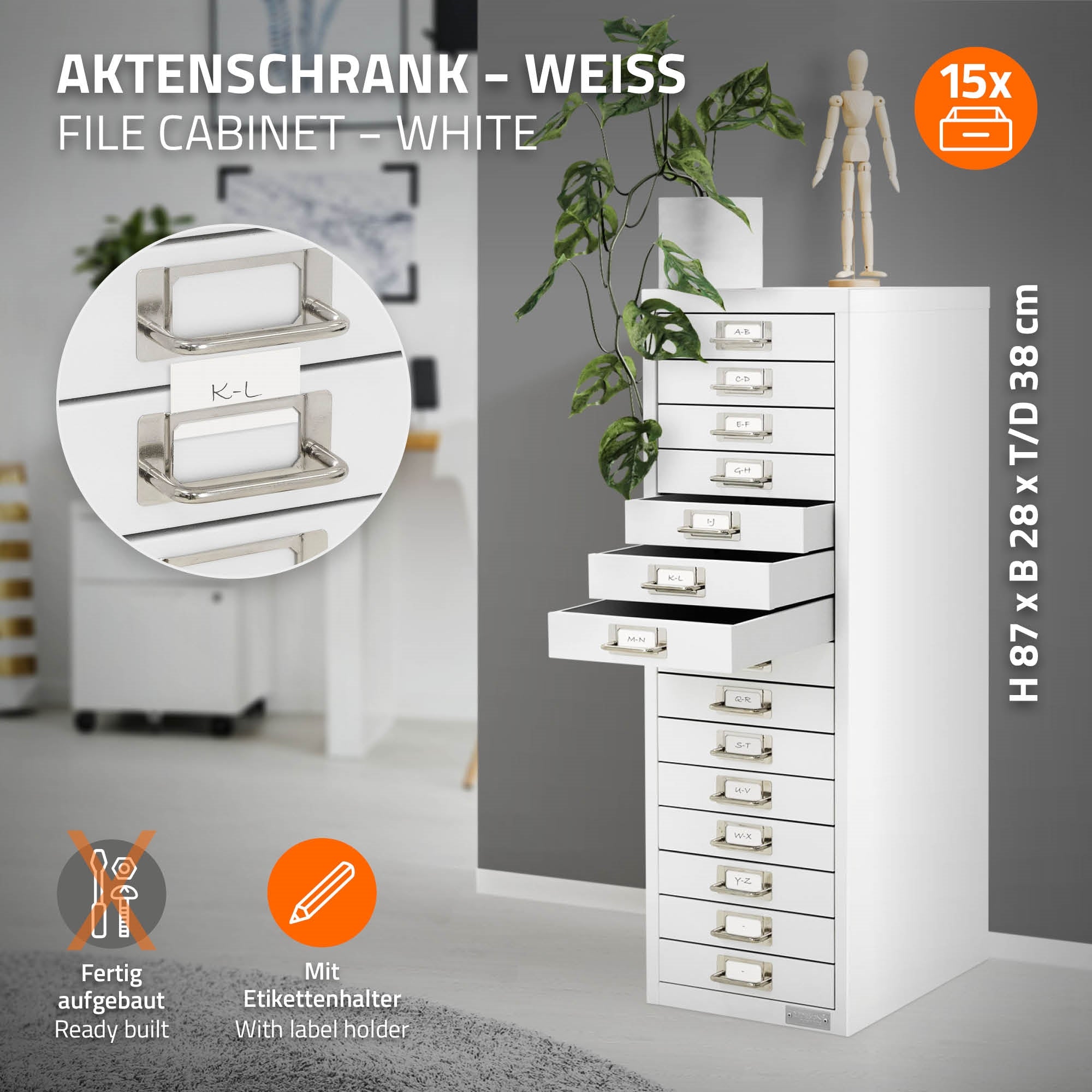 Weißer Aktenschrank mit 15 Schubladen und Etikettenhaltern.