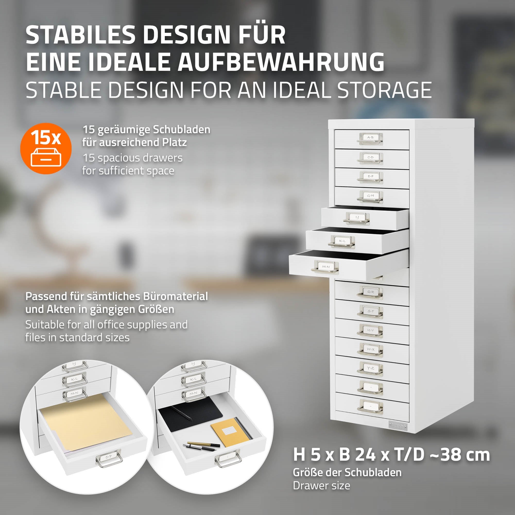 Weißer Schrank mit vielen Schubladen und Pflanzen im Hintergrund.