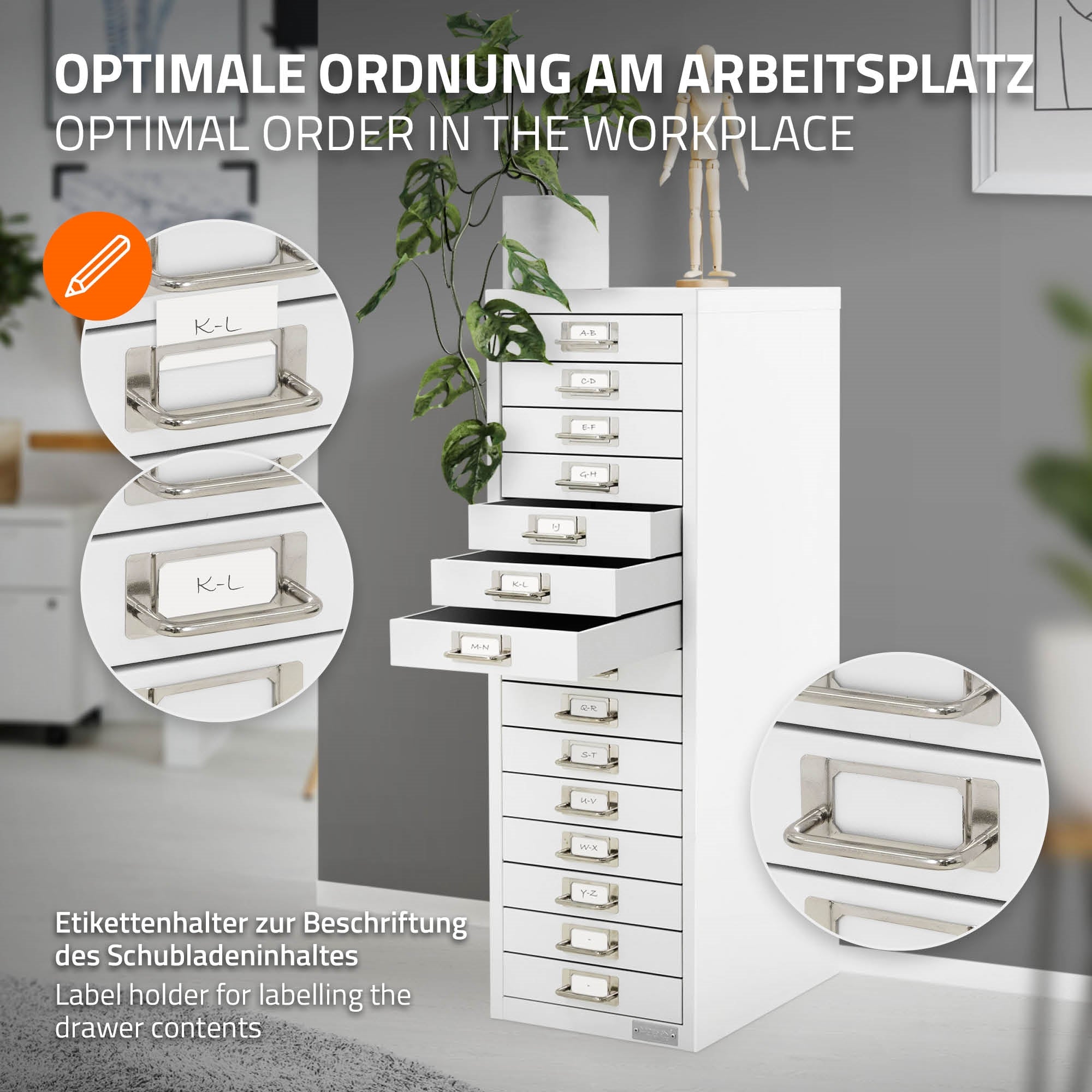 Weißer Aktenschrank mit mehreren Schubladen und Etikettenhaltern.