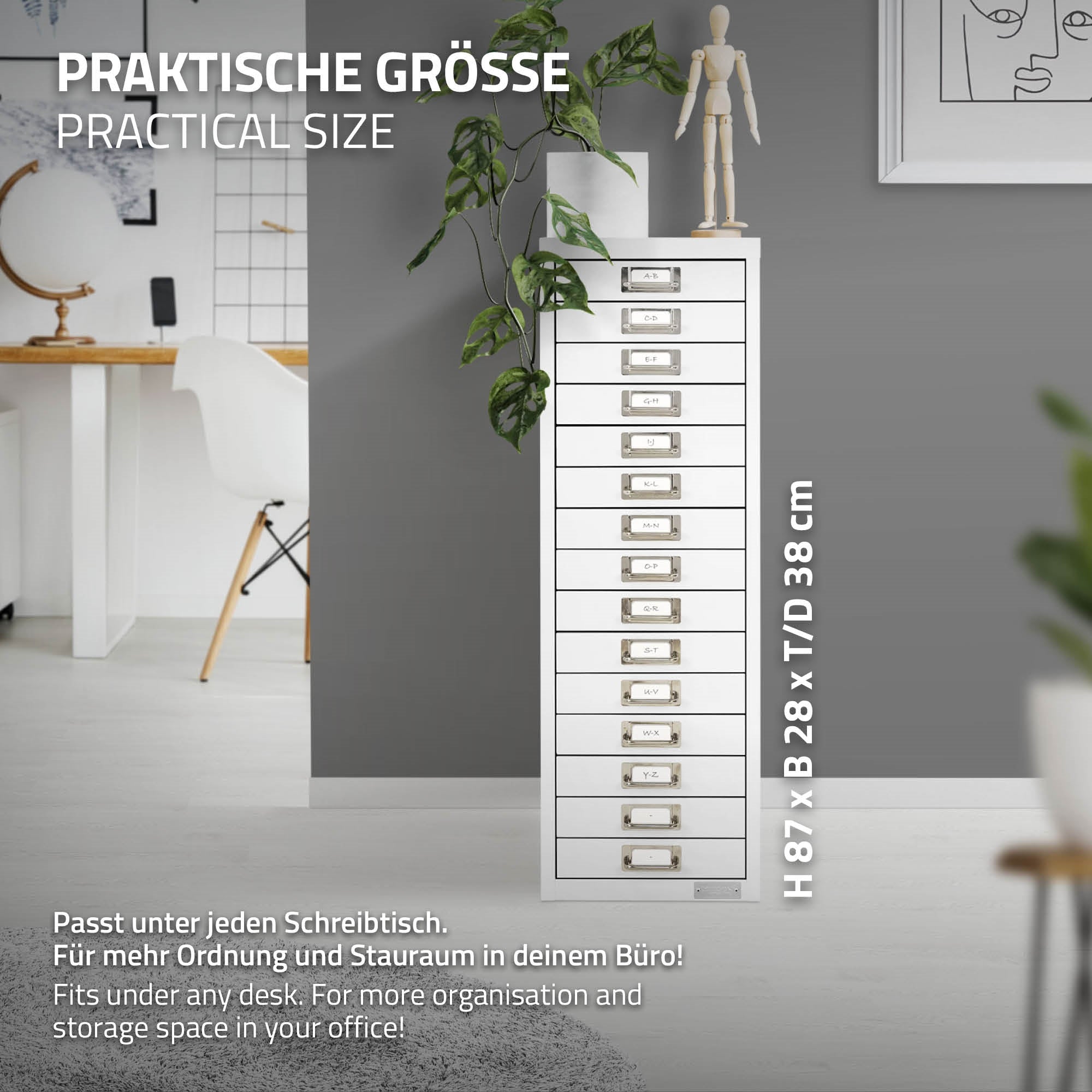 Weißer Schubladenschrank mit 15 Schubladen in einem modernen Büro.