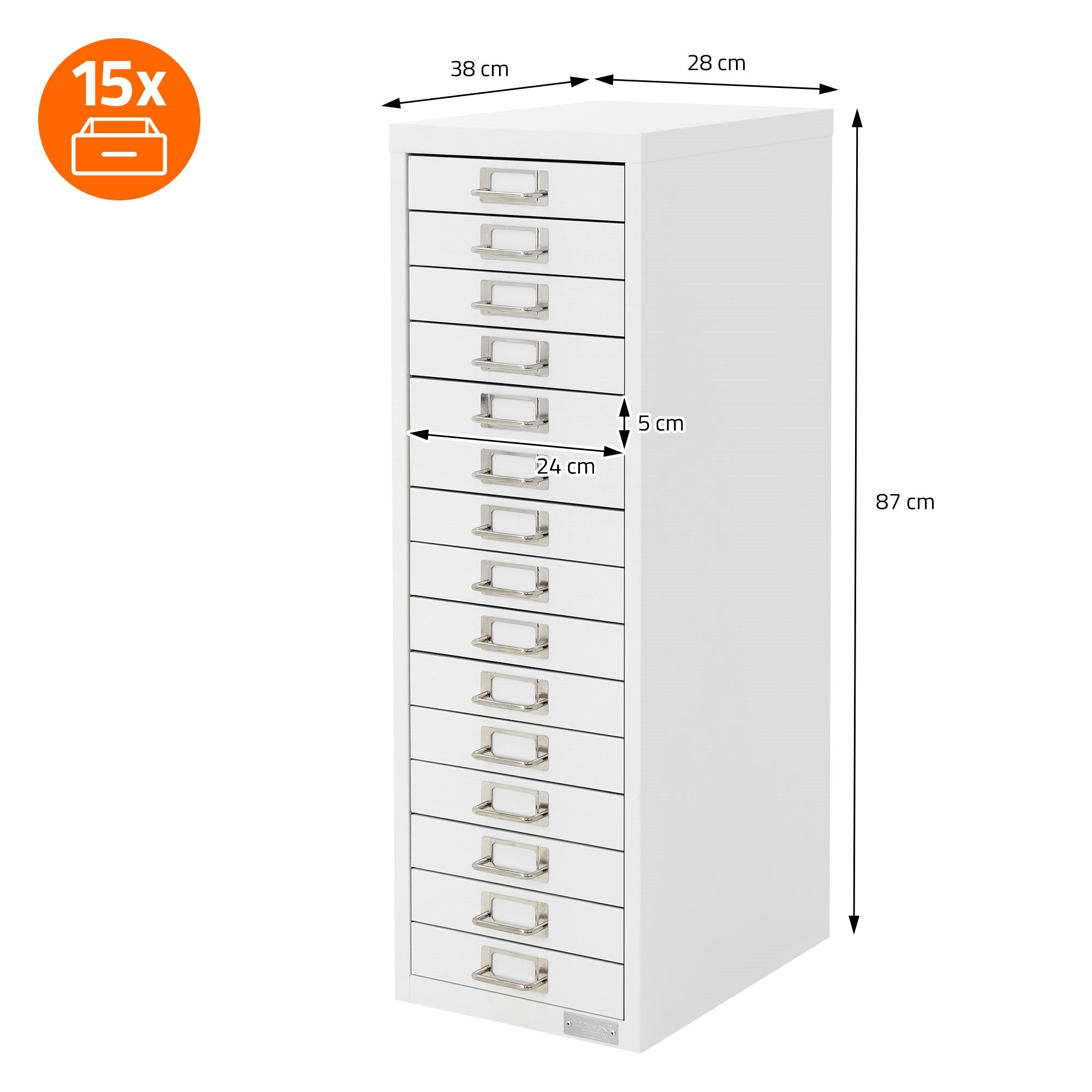 Ein weißer Schubladenschrank mit 15 Schubladen, Maßangaben sind sichtbar.