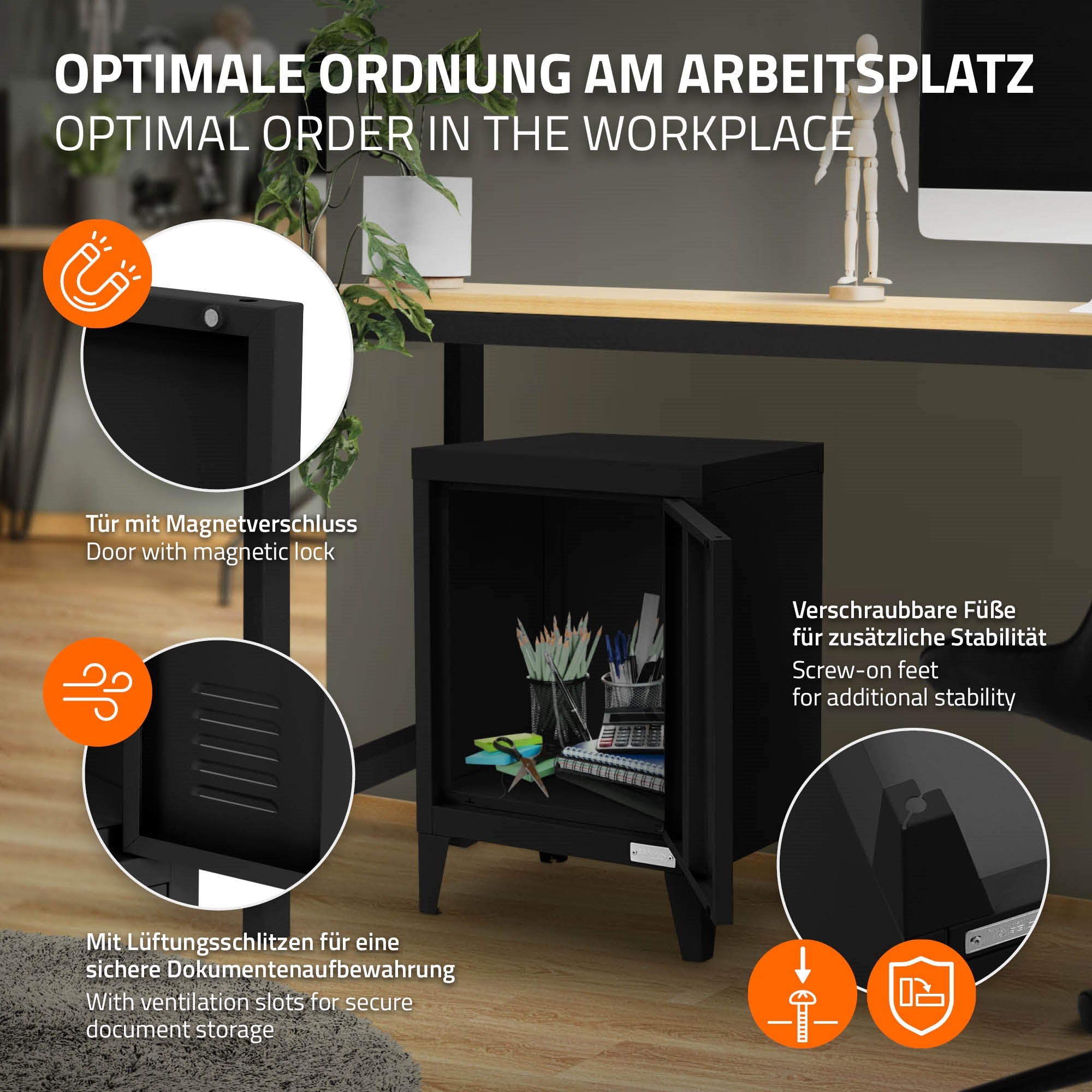 Černý kancelářský skříň s magnetickým uzávěrem a stabilními nohami.