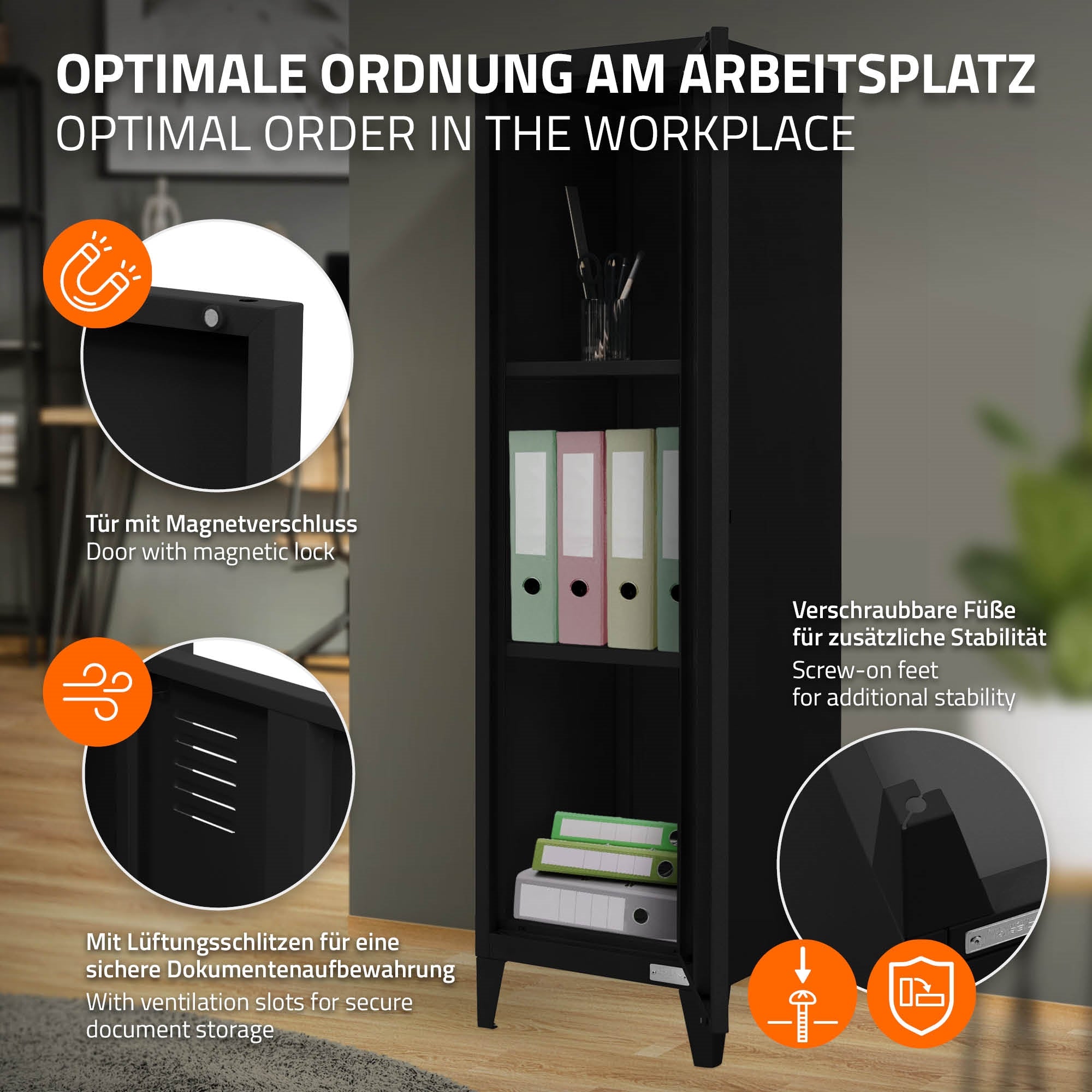Schwarzer Schrank mit Magnetverschluss und stabilen Füßen, zeigt Ordnungssystem.