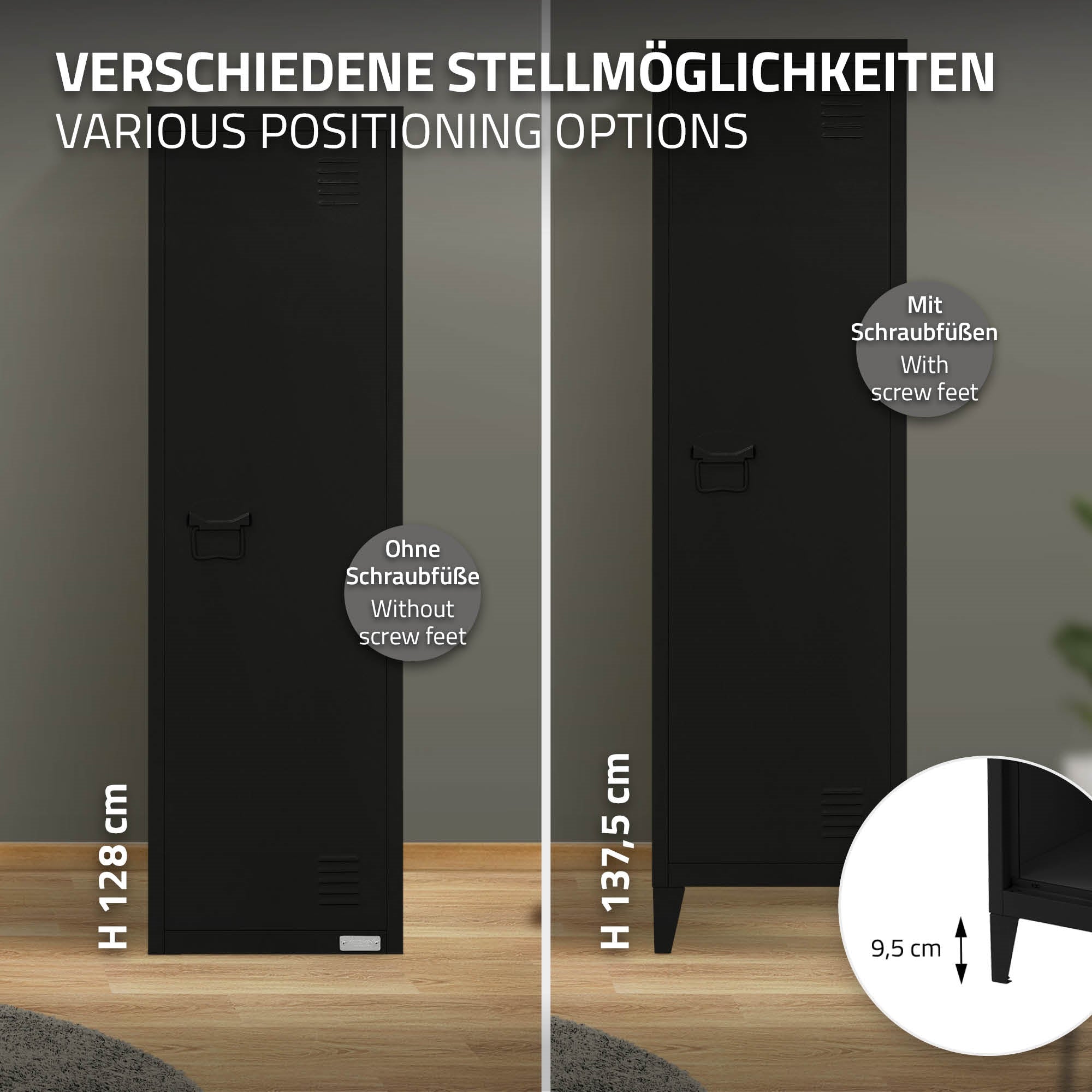 Schwarzer Aktenschrank mit verschiedenen Höhenoptionen und Schraubfüßen.