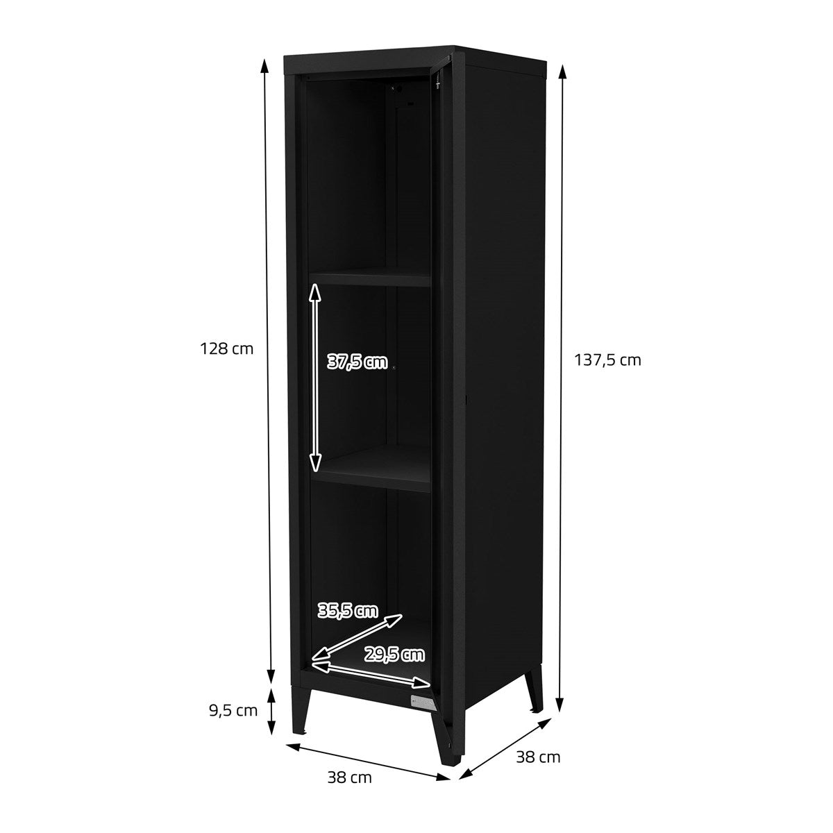 Schmaler, schwarzer Schrank mit Maßangaben und zwei Regalen, auf weißem Hintergrund.
