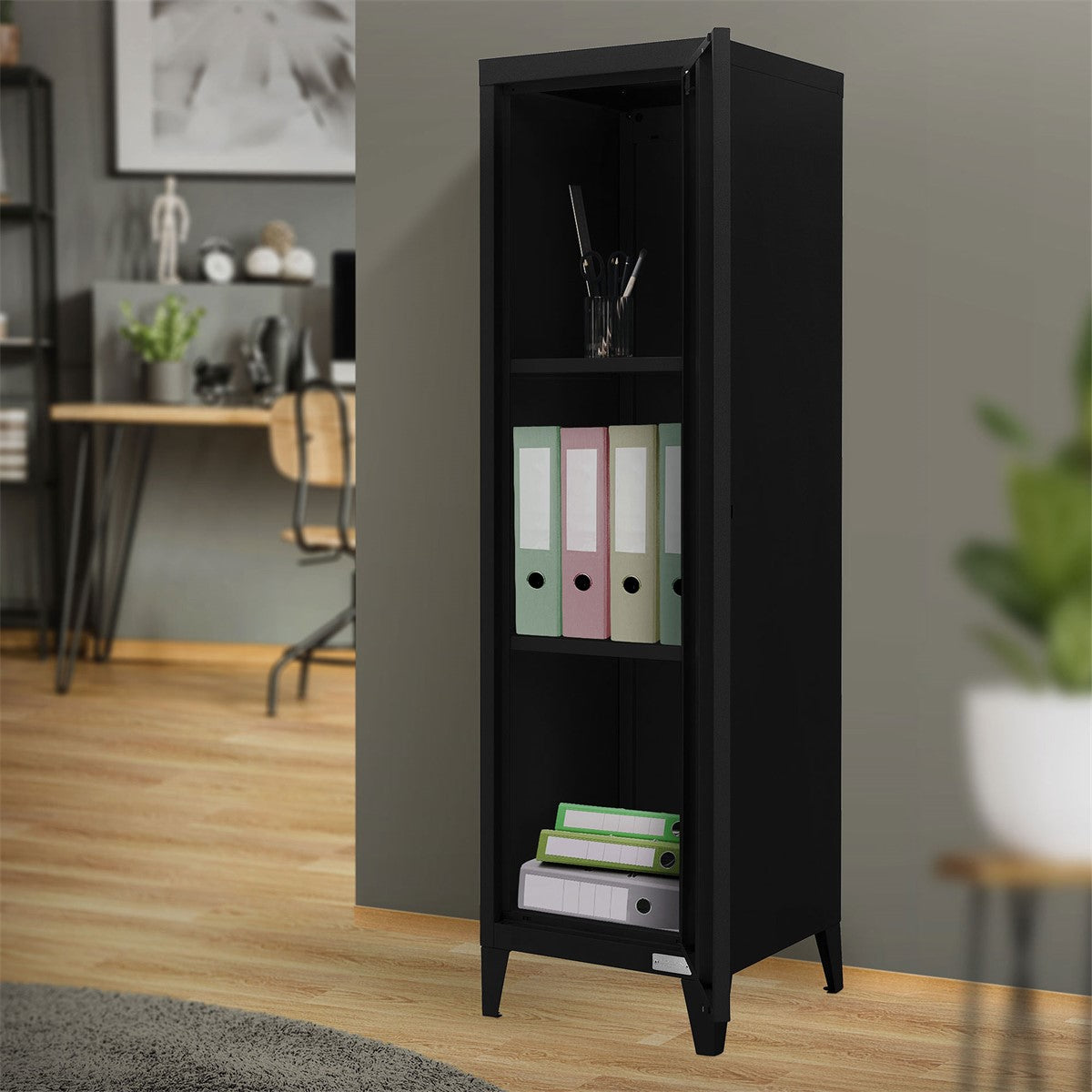Black cabinet with open shelves filled with binders in a modern room.