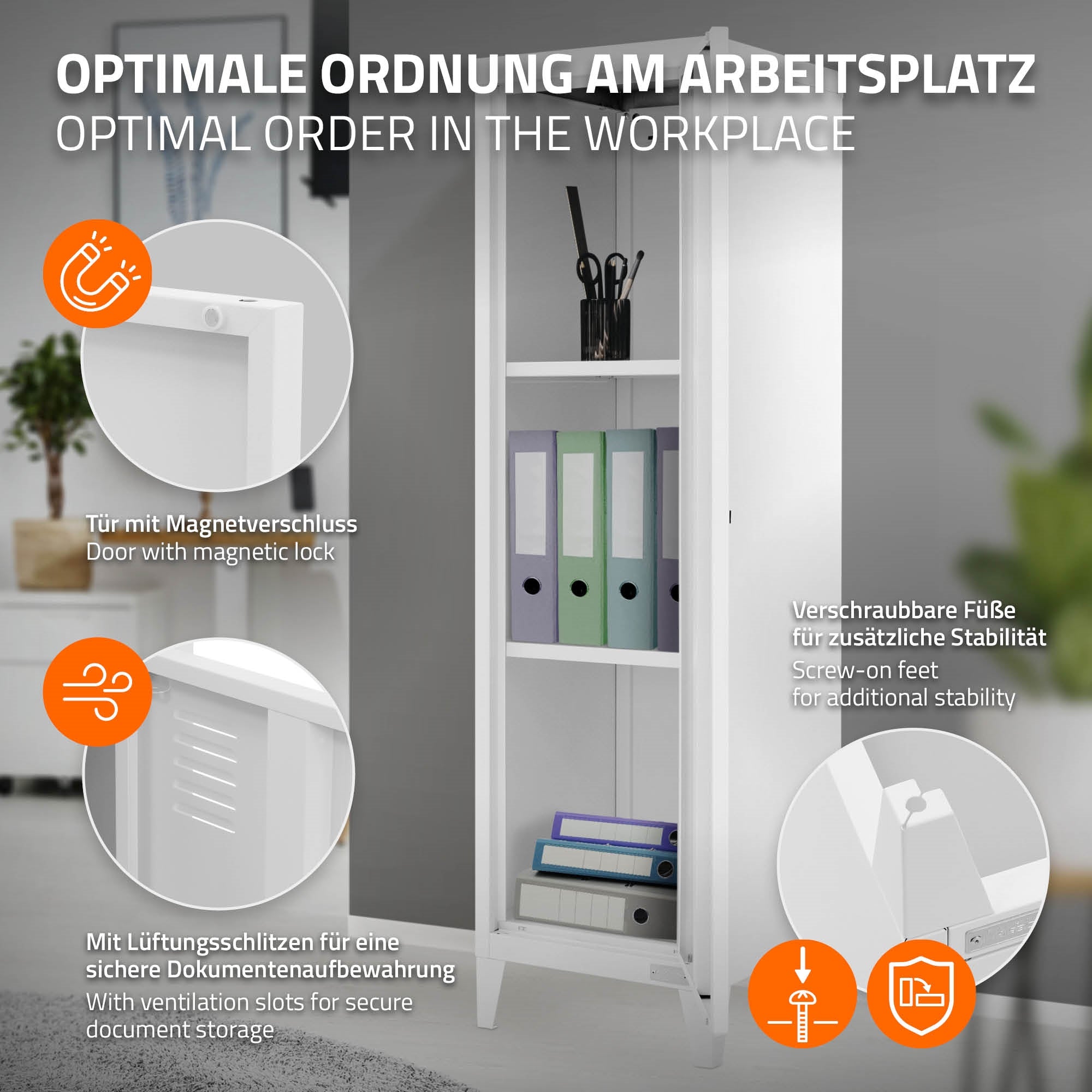Weißer Aktenschrank mit offenen Regalen und Magnetverschluss.