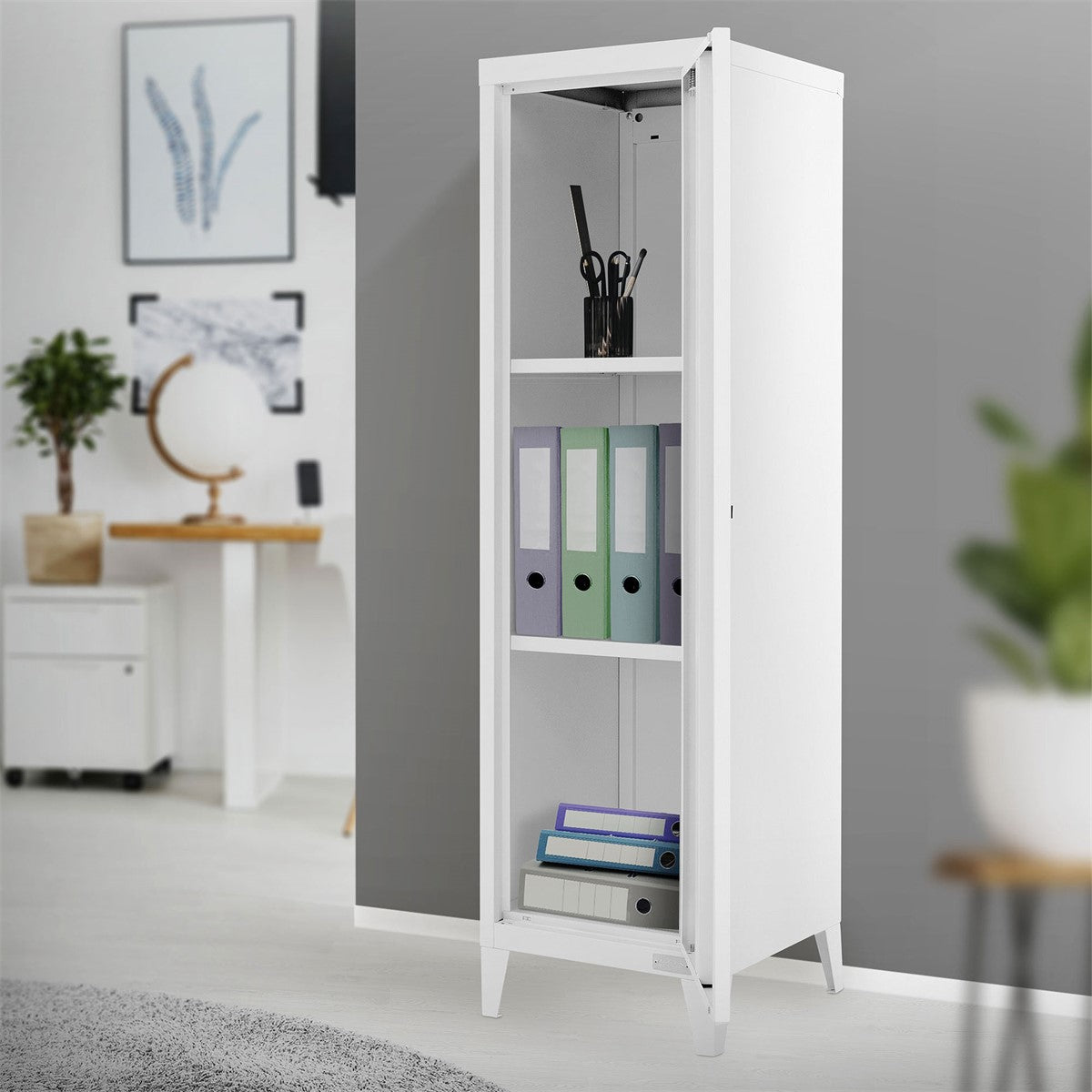 Narrow white cabinet with open shelves filled with binders, on a light-colored floor.