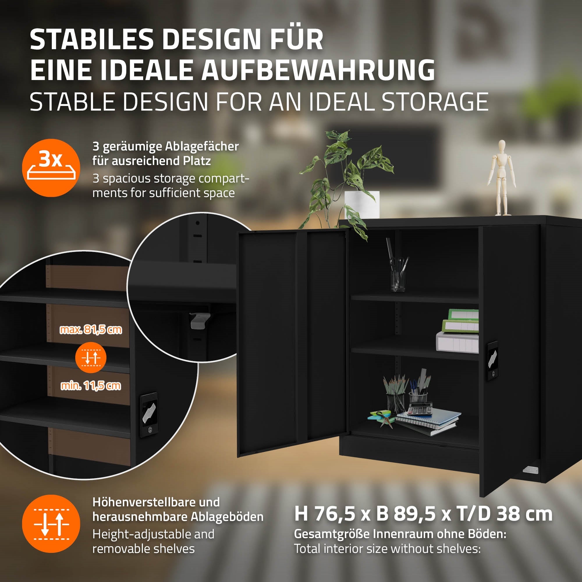 Schwarzer Schrank mit drei Regalen und offenen Türen.