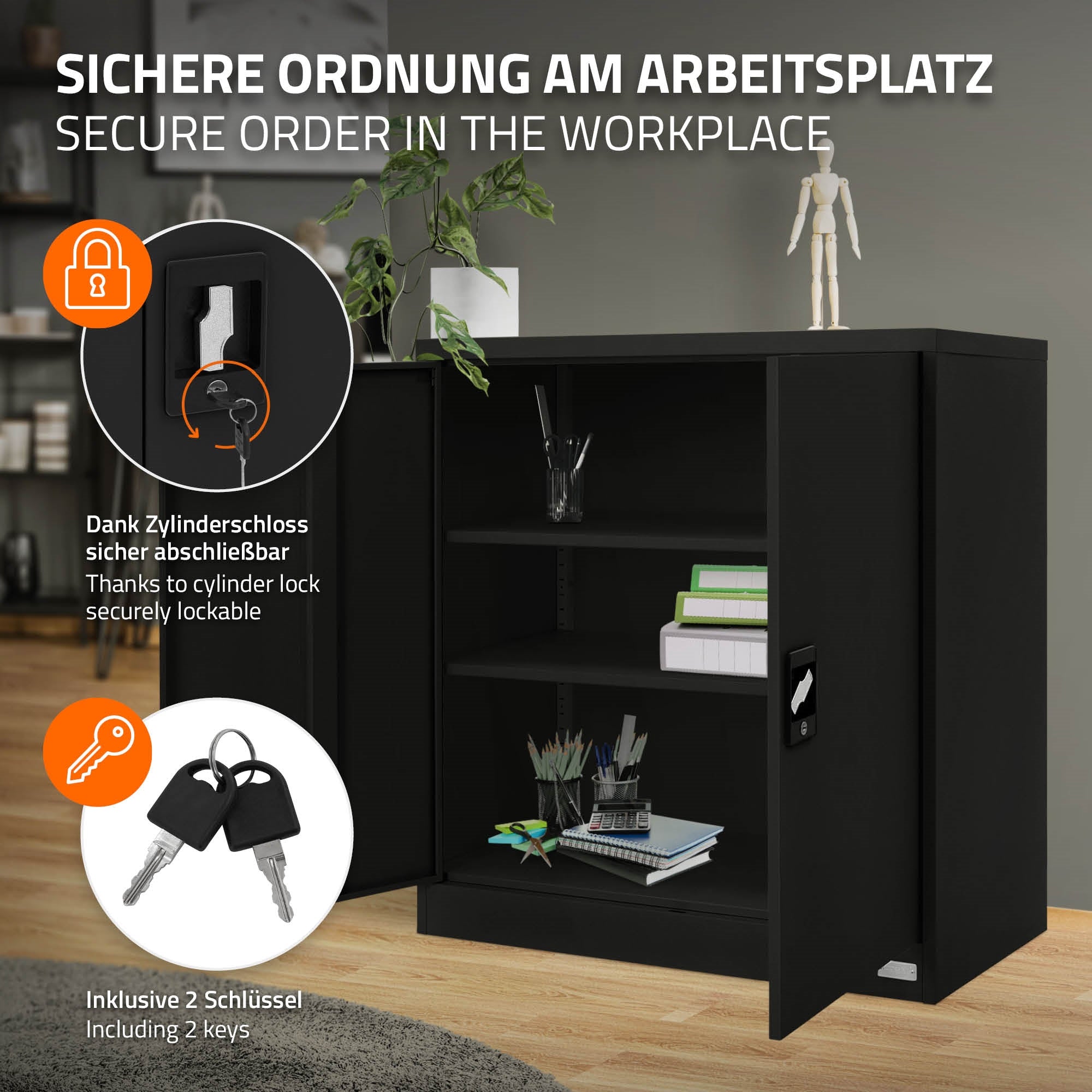 Schwarzer Schrank mit einem Zylinderschloss und zwei Schlüsseln auf einem Tisch.