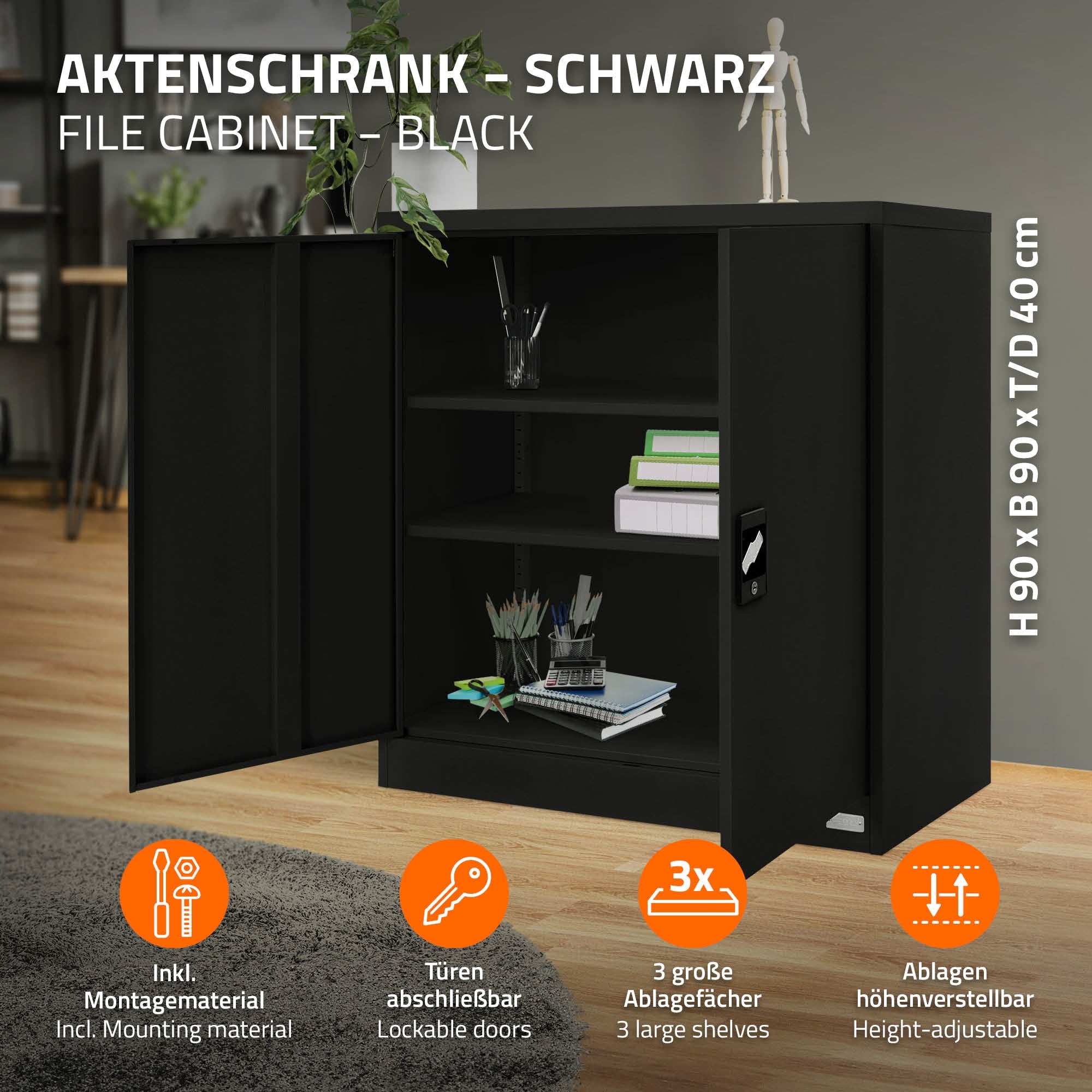 Schwarzer Aktenschrank mit geöffneten Türen und drei Regalen im Raum.