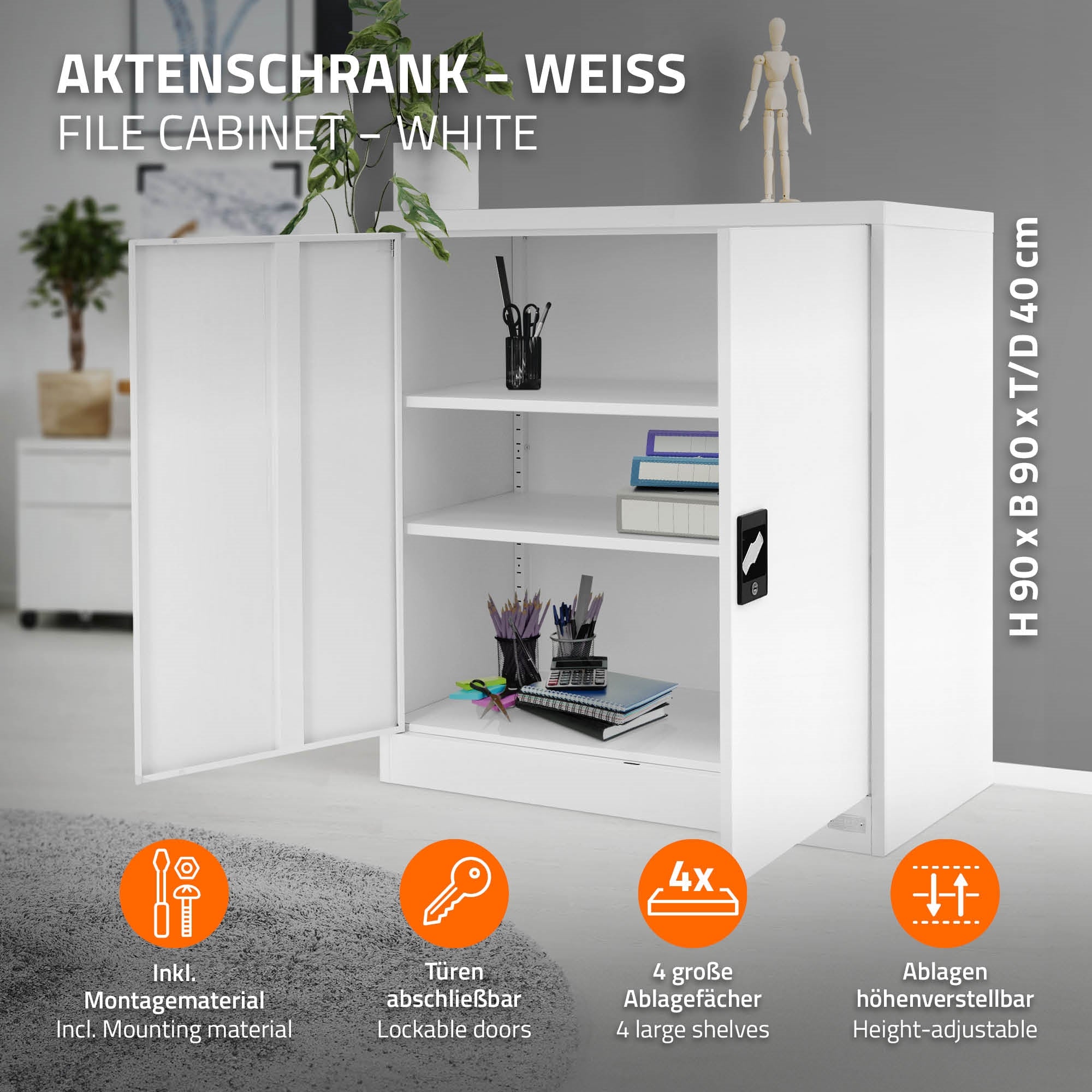 Weißer Aktenschrank mit offenen Türen und vier Regalen.