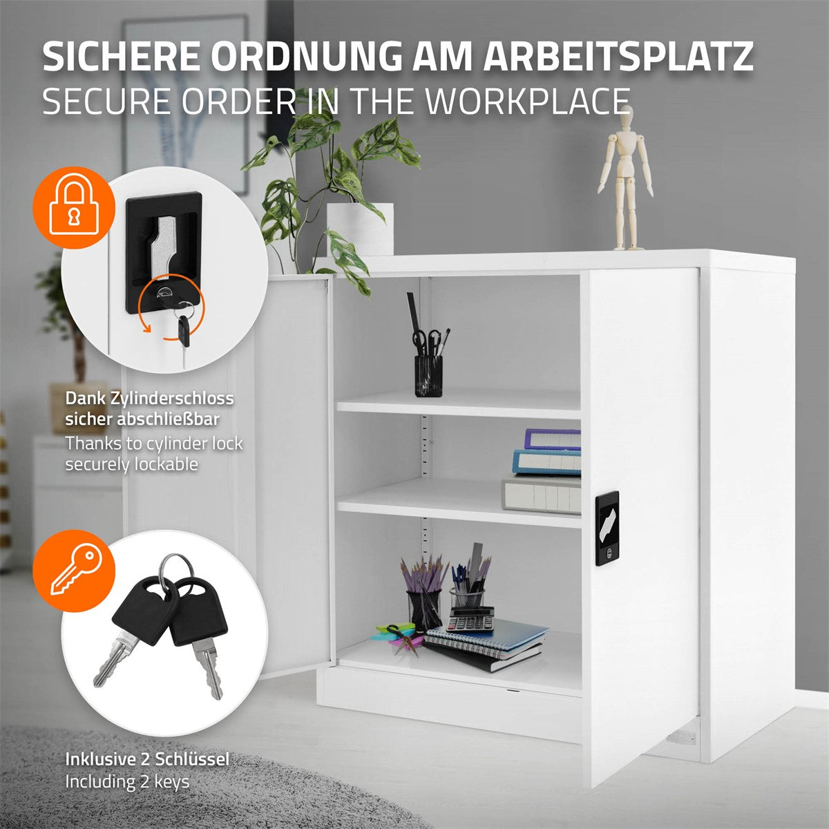 Weißer Schrank mit Zylinderschloss und zwei Schlüsseln, auf einem hellen Hintergrund.