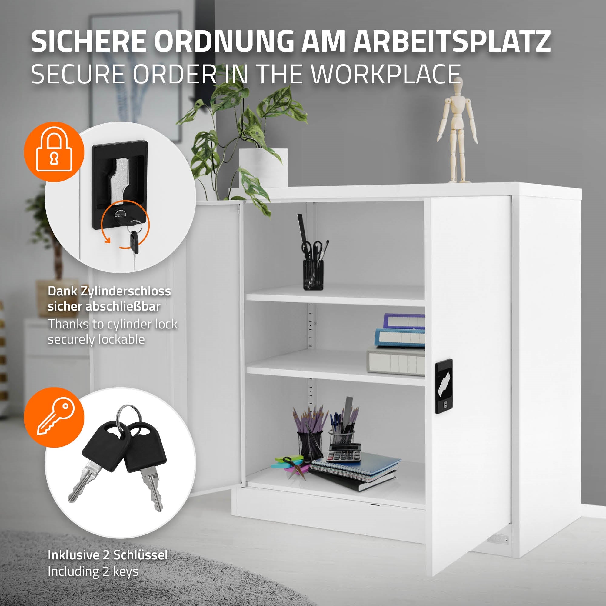 Weißer Schrank mit Zylinderschloss und zwei Schlüsseln, auf einem hellen Hintergrund.