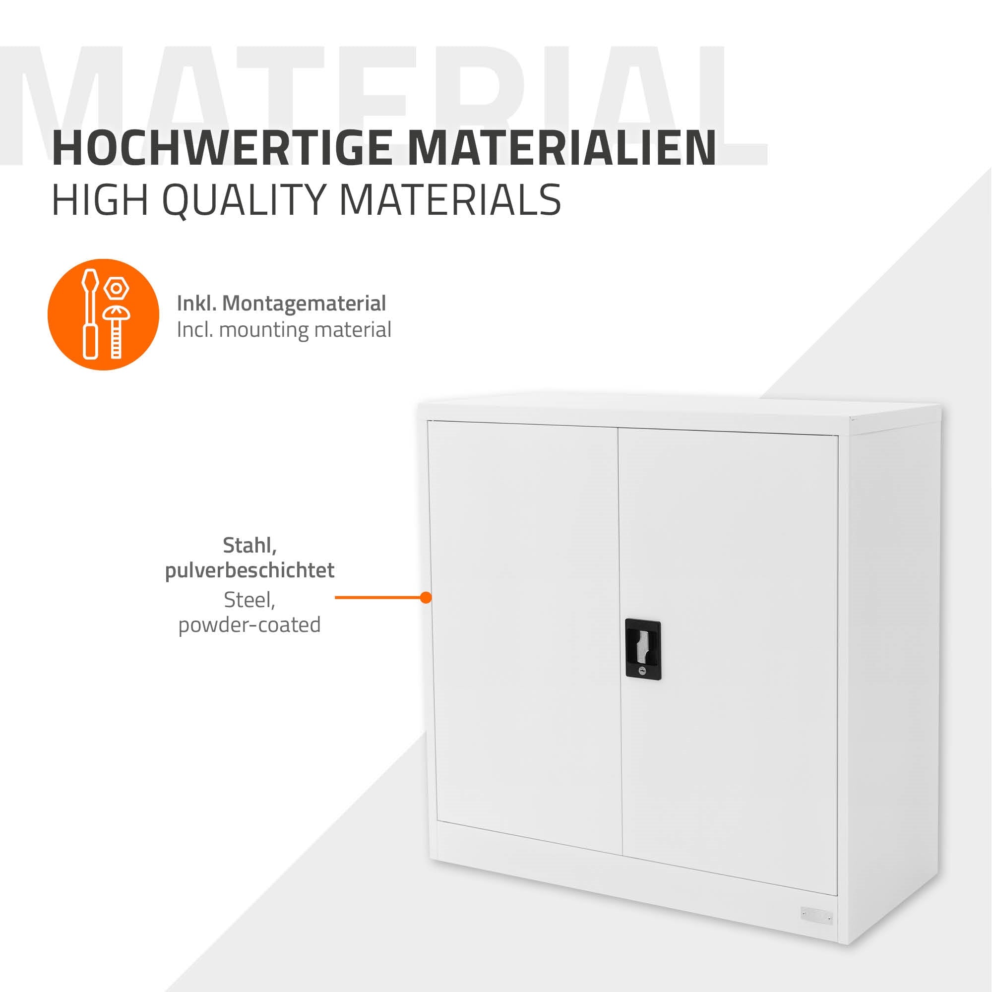 Weißer Aktenschrank mit geschlossenen Türen und Beschreibung der Materialien.