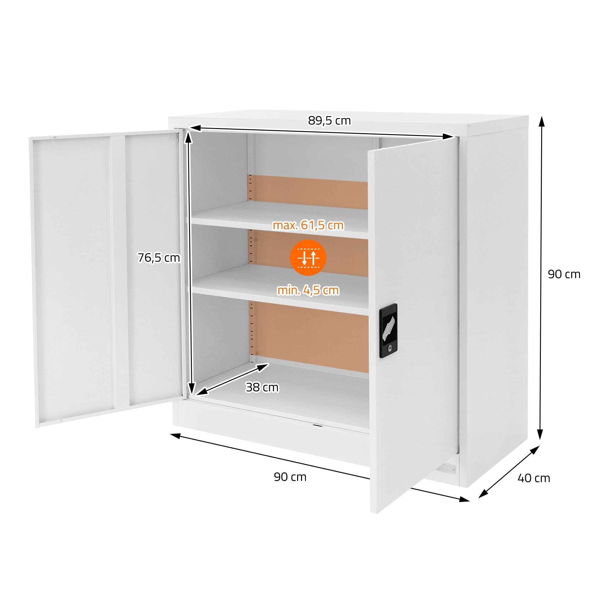 Weißer Aktenschrank mit offenen Türen, Maßangaben und drei Regalen.