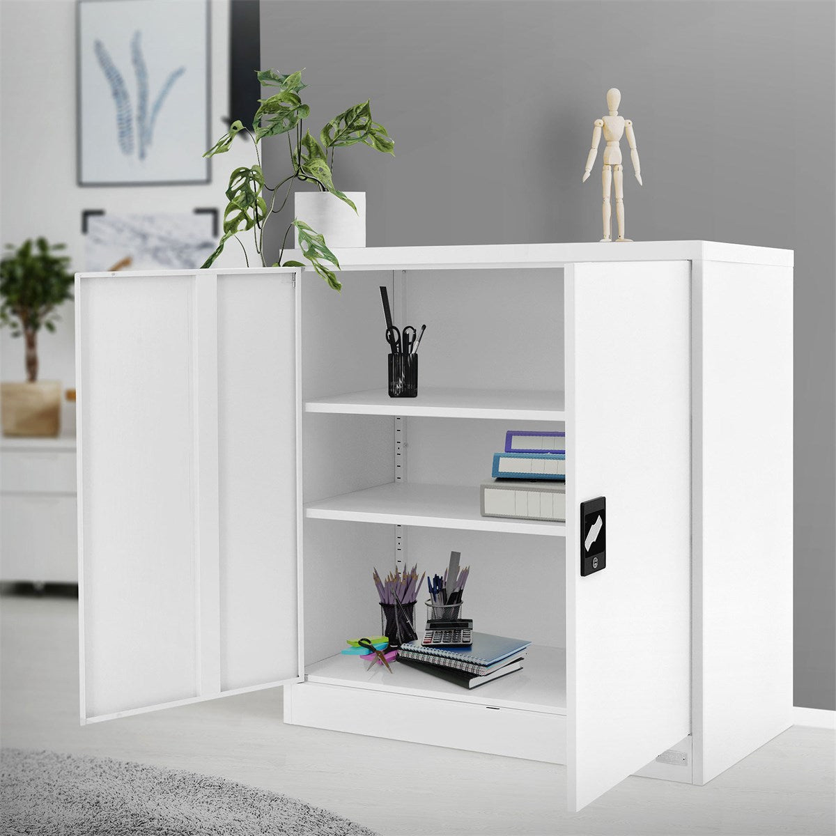 White cabinet with open doors, shelves and office supplies inside.
