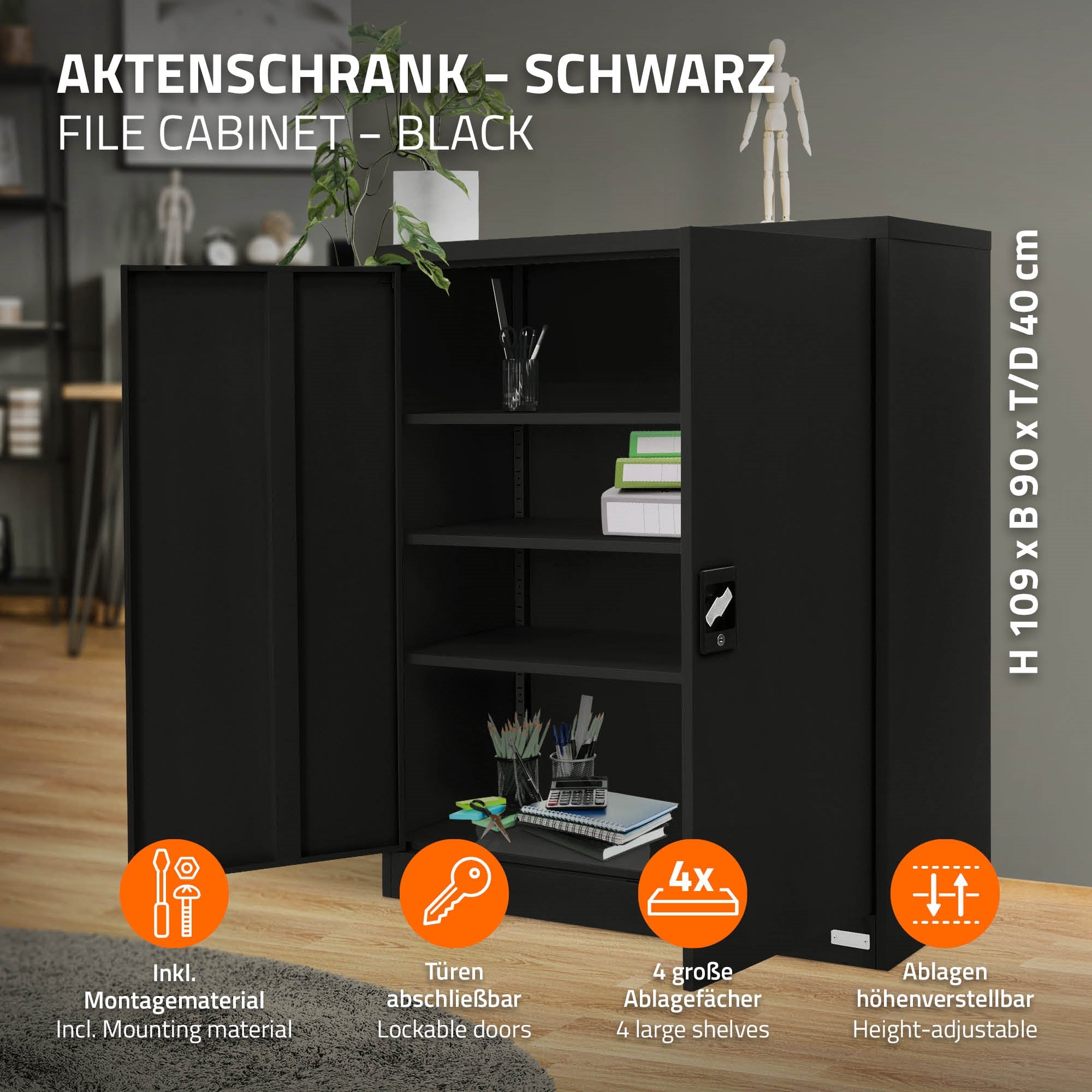 Schwarzer Aktenschrank mit vier Ablagefächern und abschließbaren Türen.
