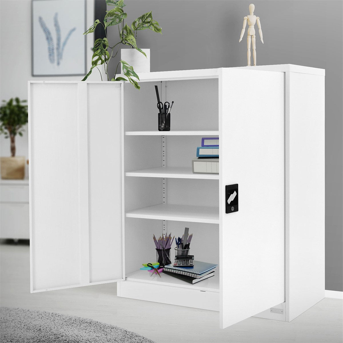 White cabinet with plants and figurines on a table in the background.