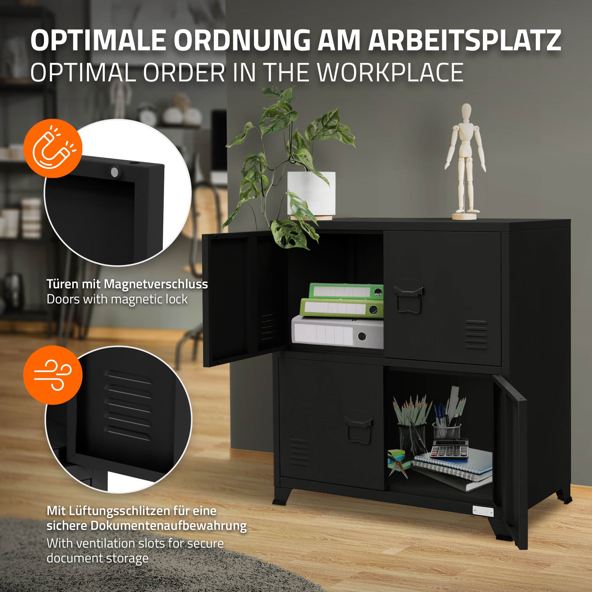 Schwarzer Aktenschrank mit offenen und geschlossenen Fächern, dekoriert mit Pflanzen.