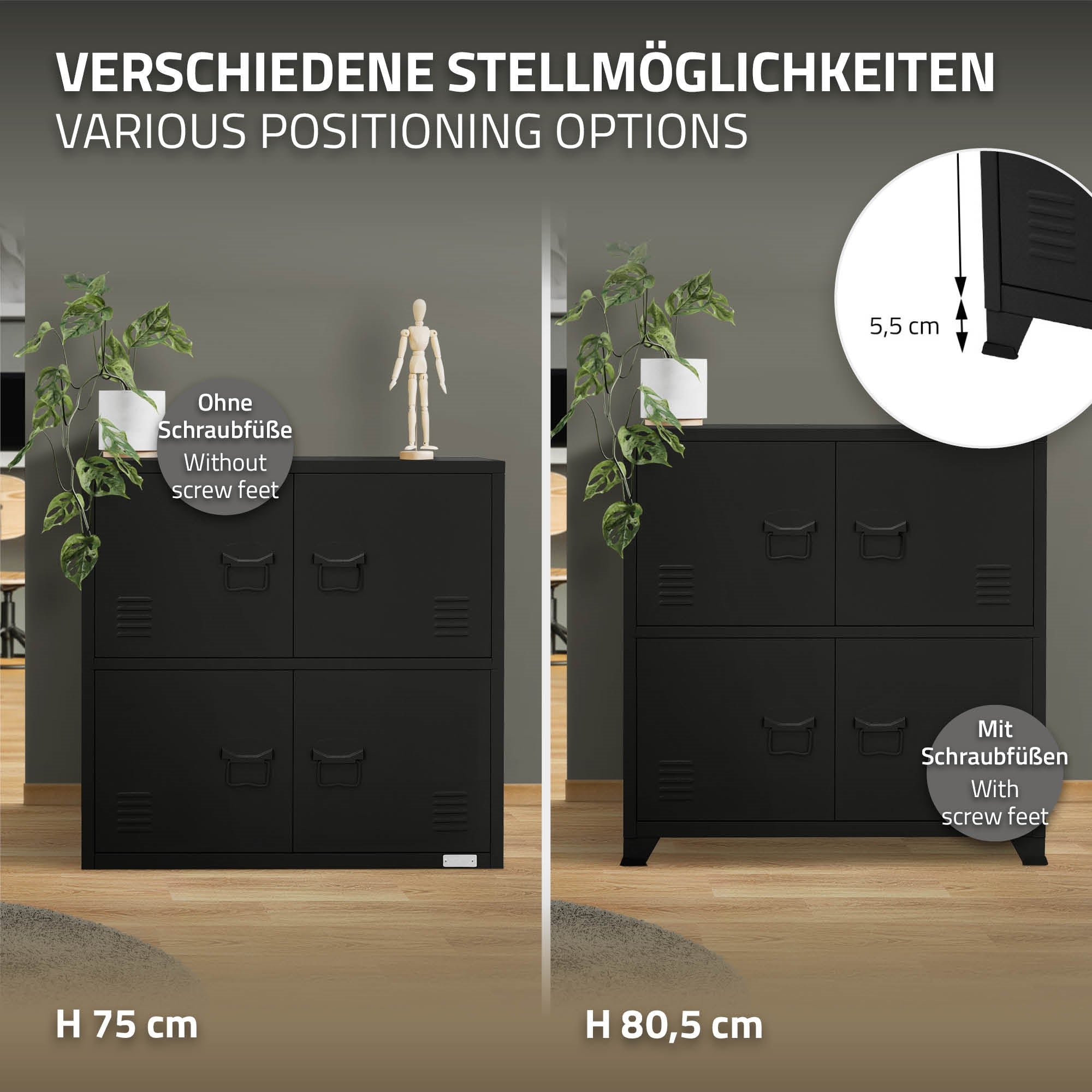 Schwarzer Schrank mit verschiedenen Stellmöglichkeiten, auf einem grauen Hintergrund.