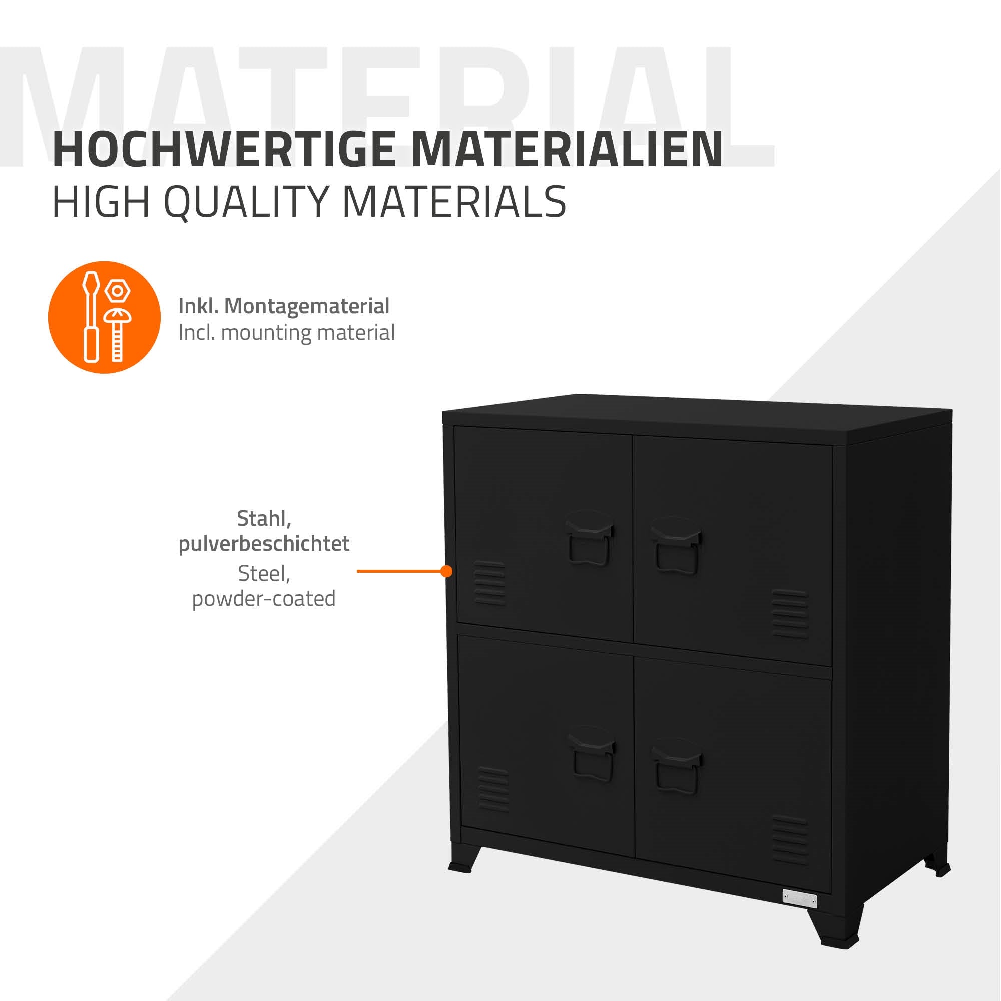 Ein schwarzer Schrank mit vier Fächern und einem Hinweis auf hochwertige Materialien.