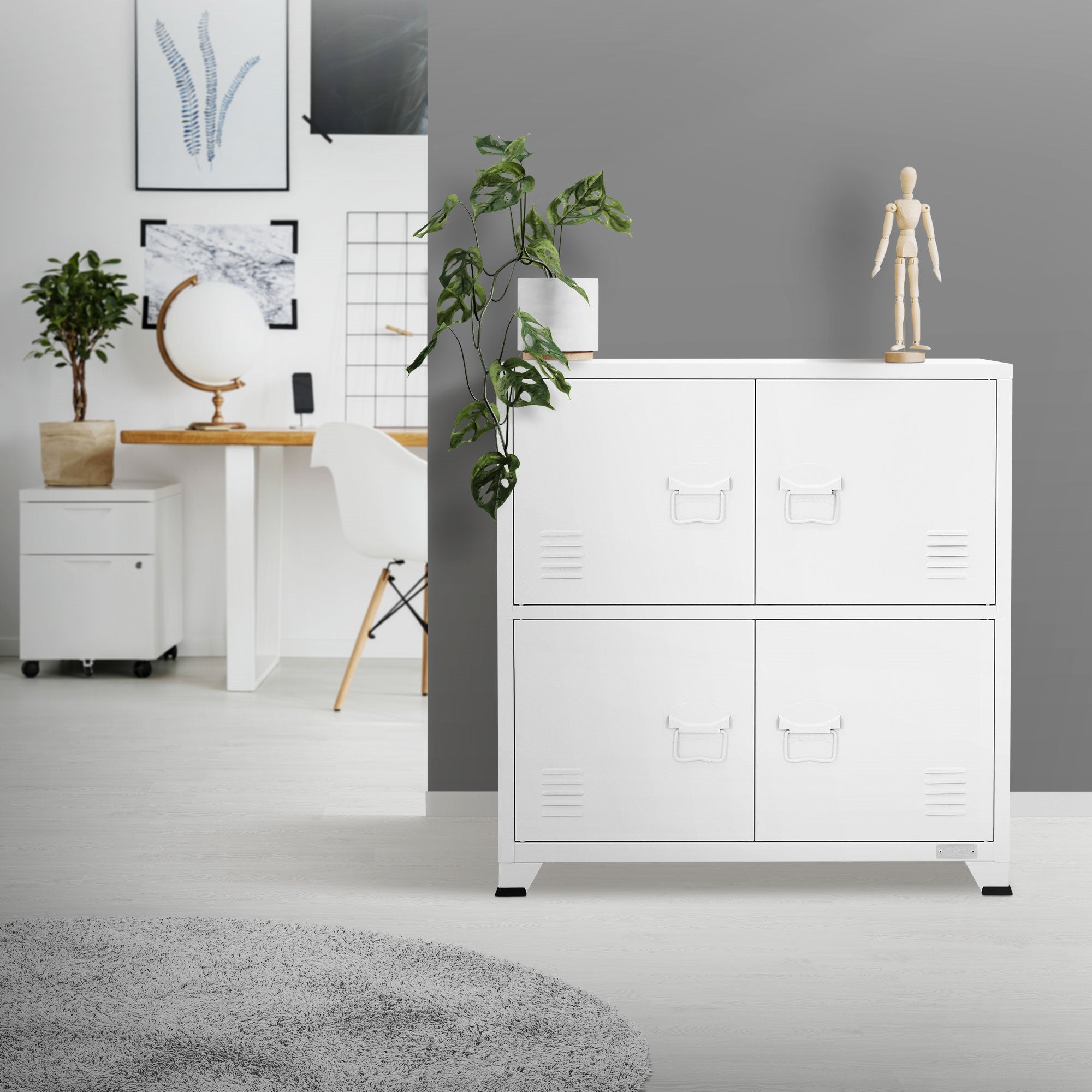 Archivero blanco en una habitación moderna con plantas y decoración.