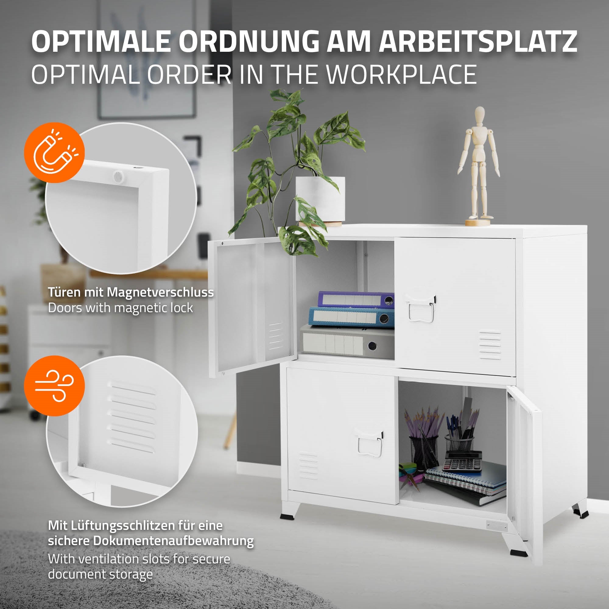 Un mueble blanco con puertas abiertas, al lado símbolos de orden y ventilación.
