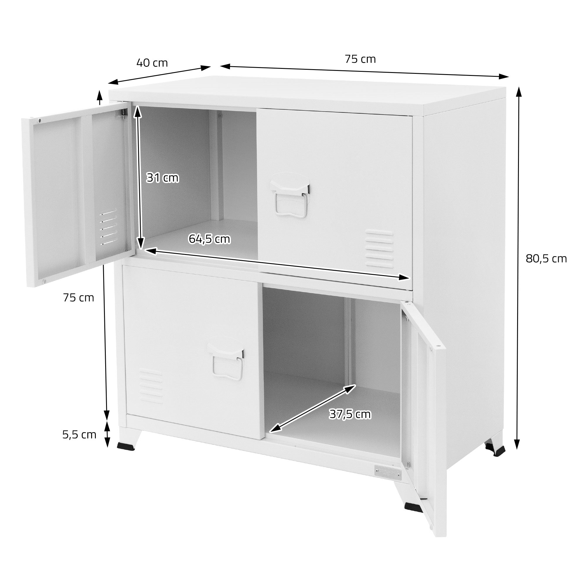 Archivero blanco con medidas y puertas abiertas, sobre fondo blanco.