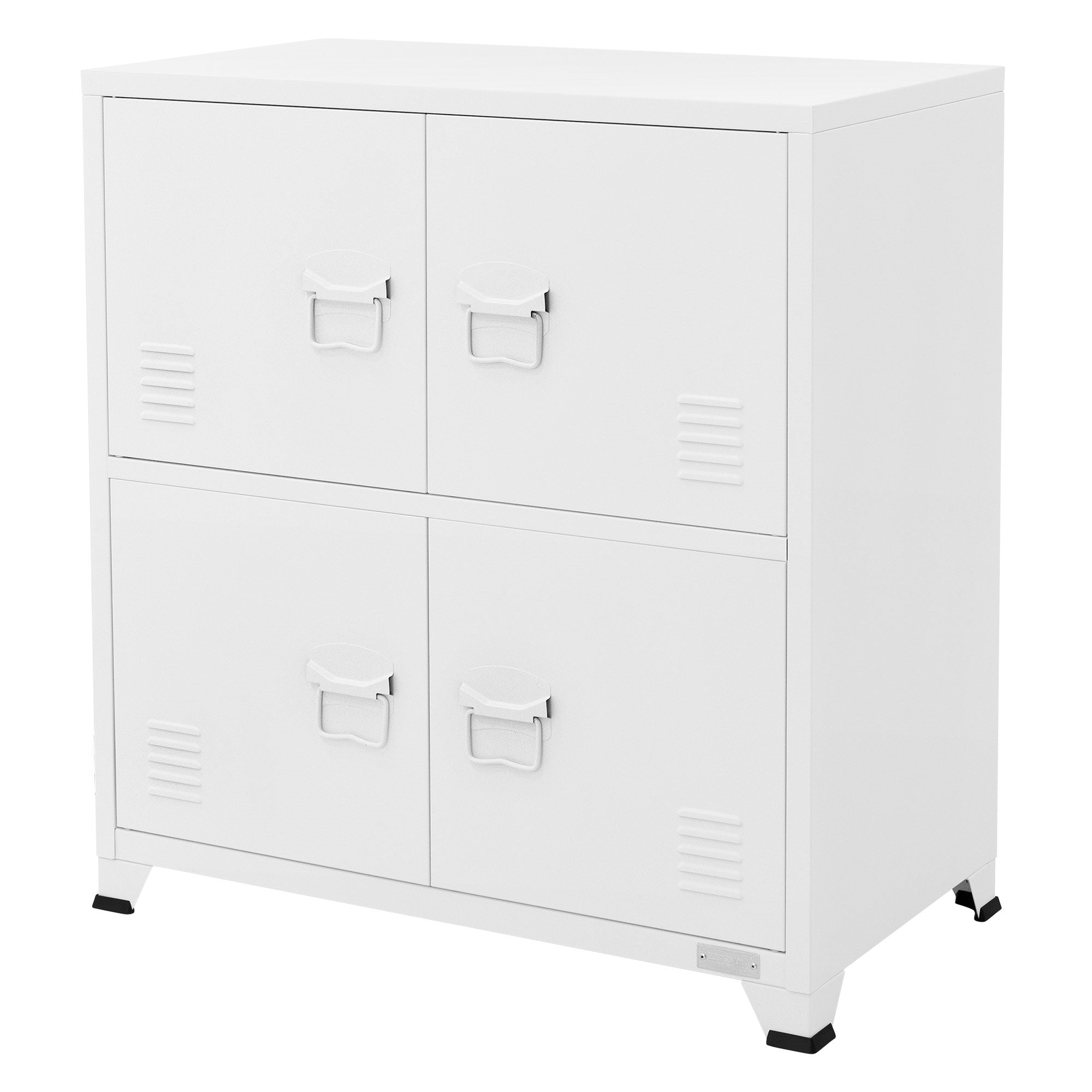 Weißer Schrank mit vier Fächern und Griffen, auf einem weißen Hintergrund.