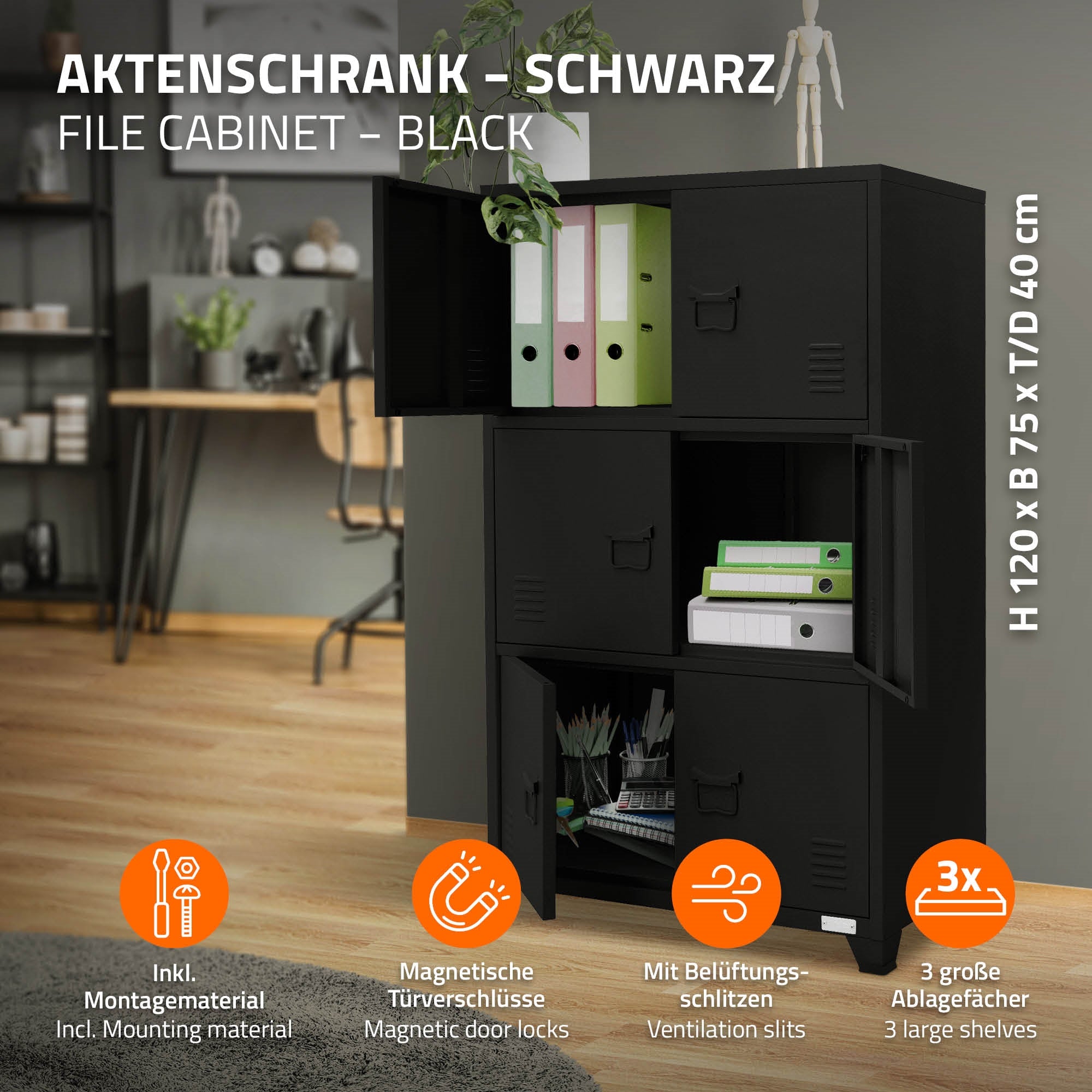 Grafik eines schwarzen Aktenschranks mit magnetischen Türverschlüssen und Belüftungsschlitzen.
