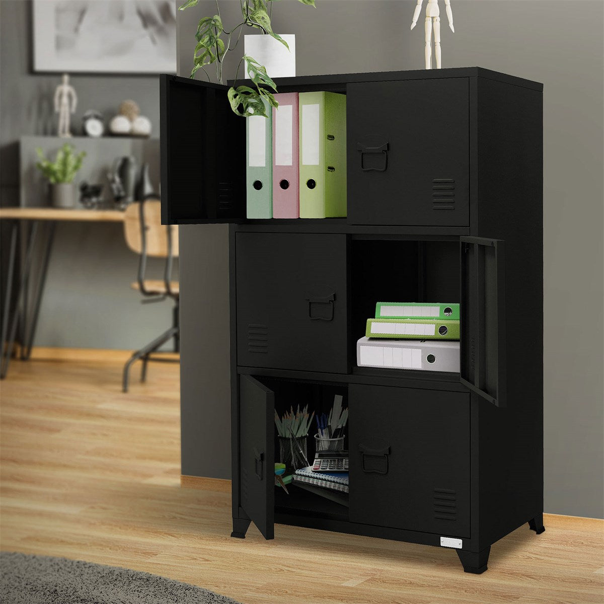 Black filing cabinet with open compartments and folders in a room.