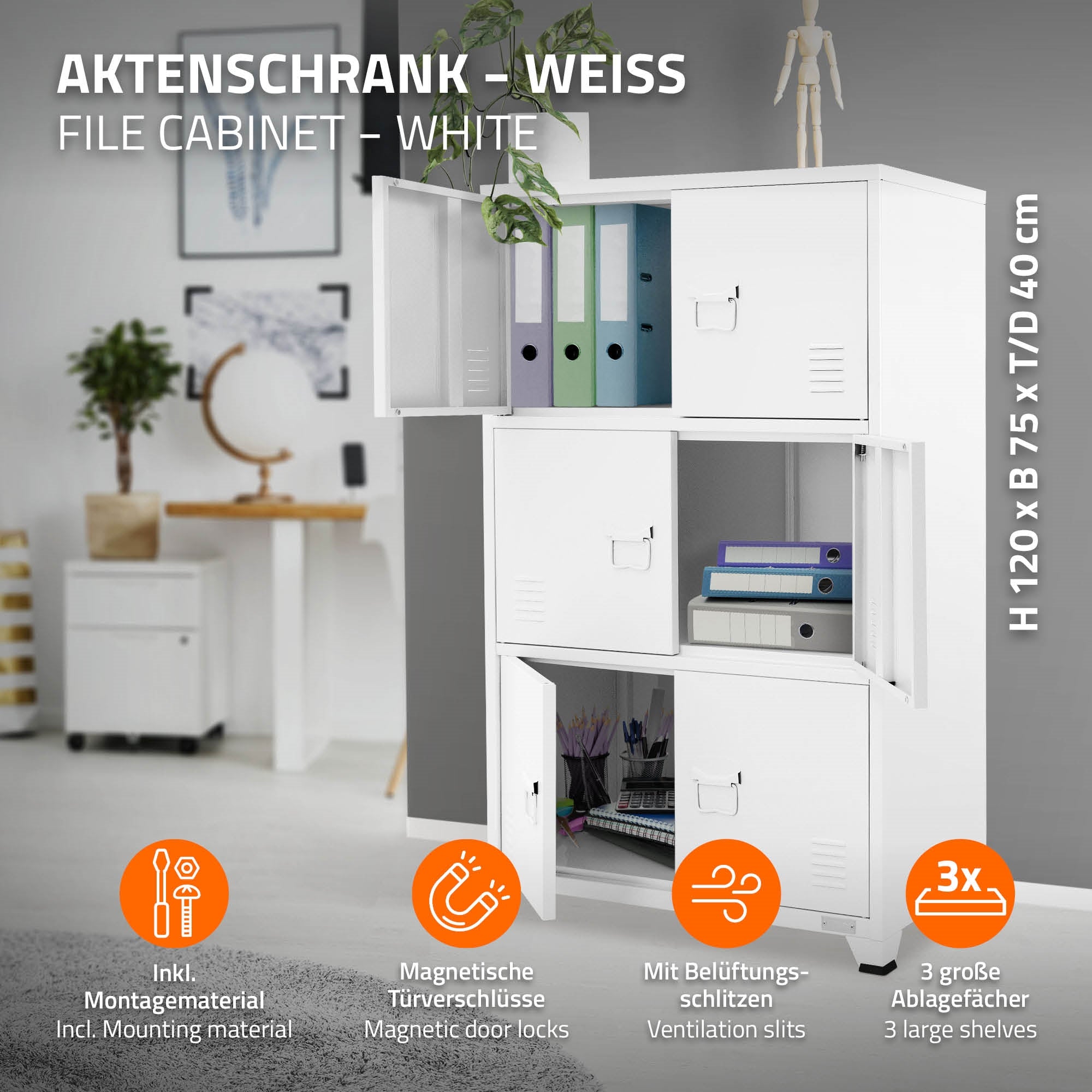 Weißer Aktenschrank mit geschlossenen Türen und Informationen zu Funktionen.