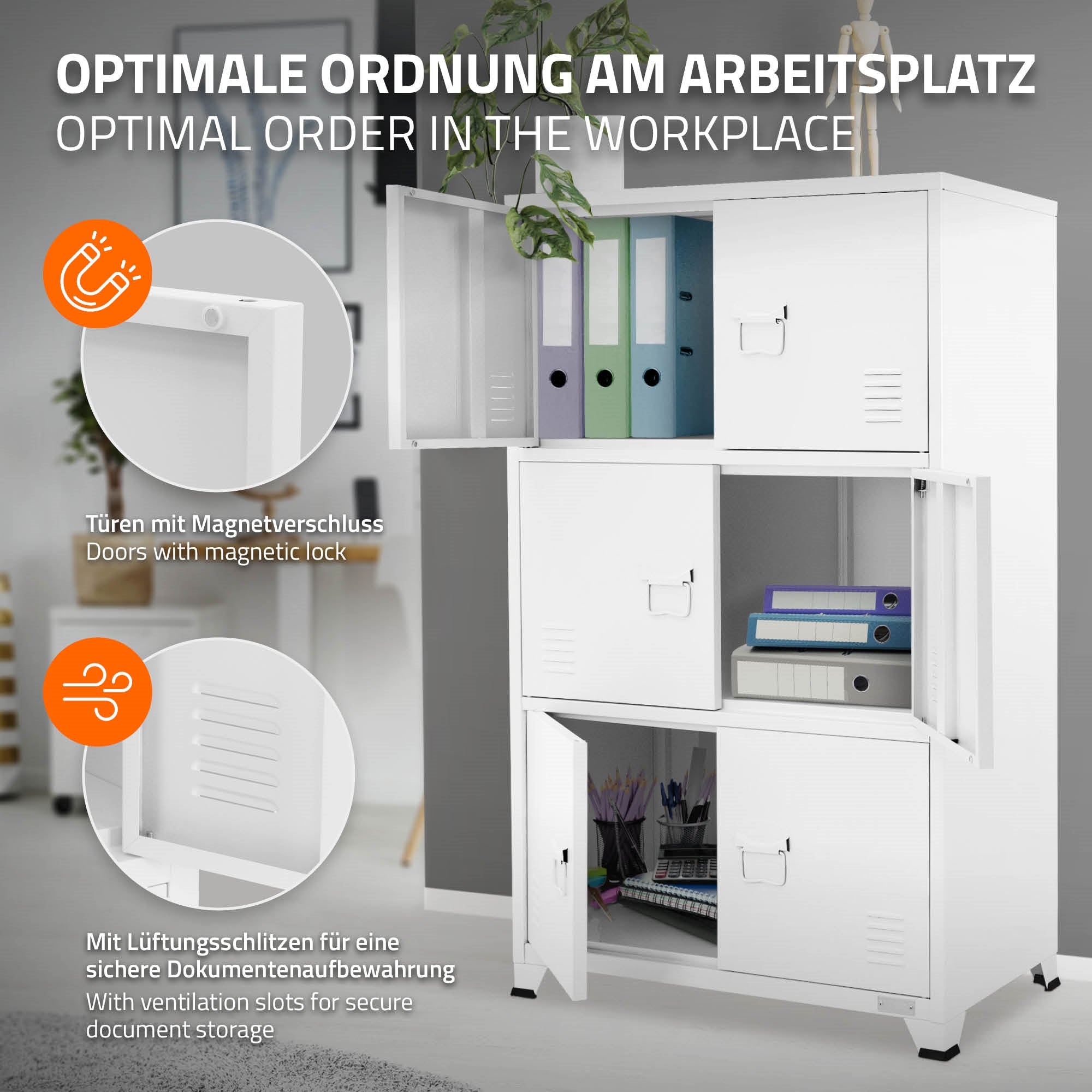 Grafik zeigt einen weißen Aktenschrank mit Magnetverschlüssen und Belüftungsschlitzen.