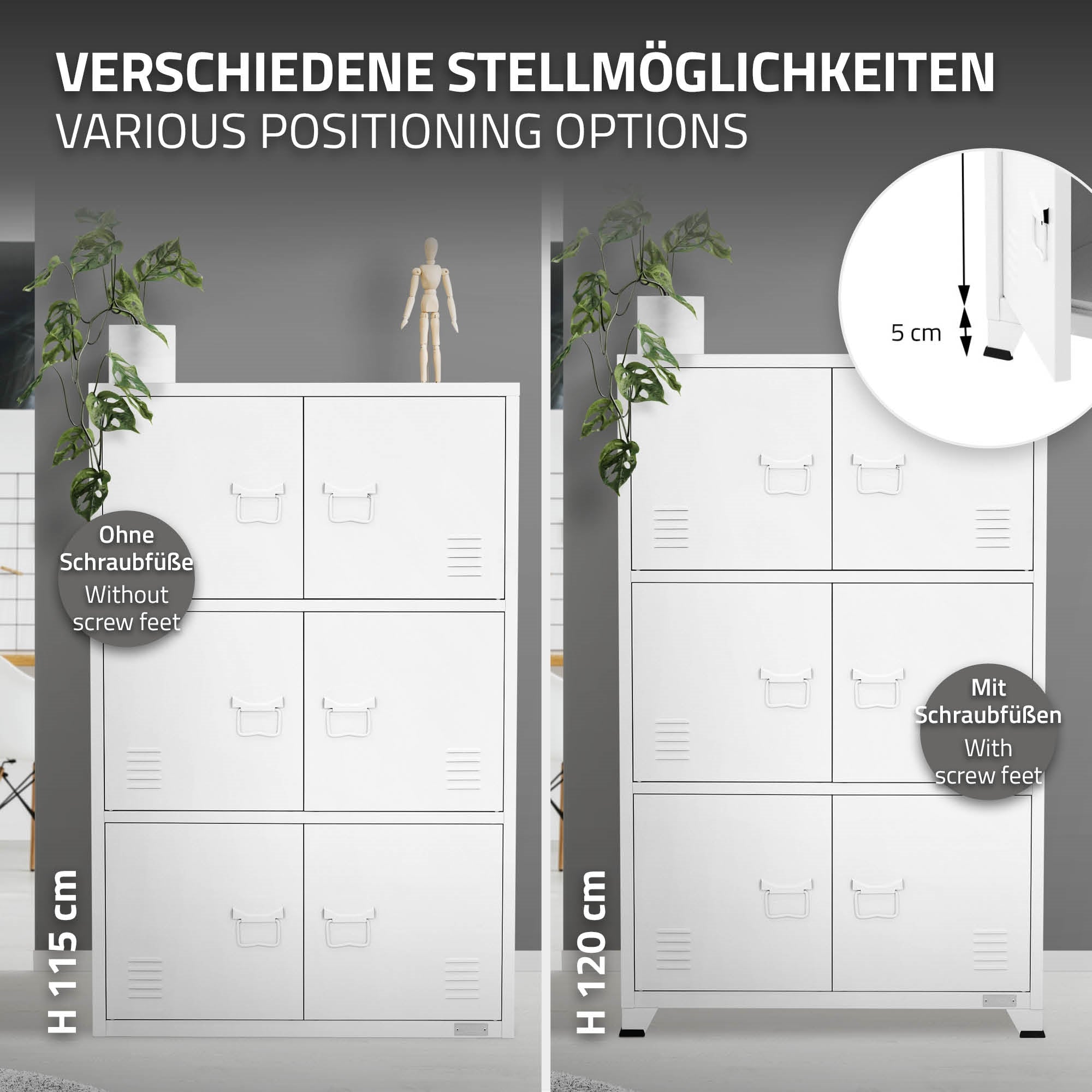 Zwei Schränke in verschiedenen Höhen mit Schraubfüßen.