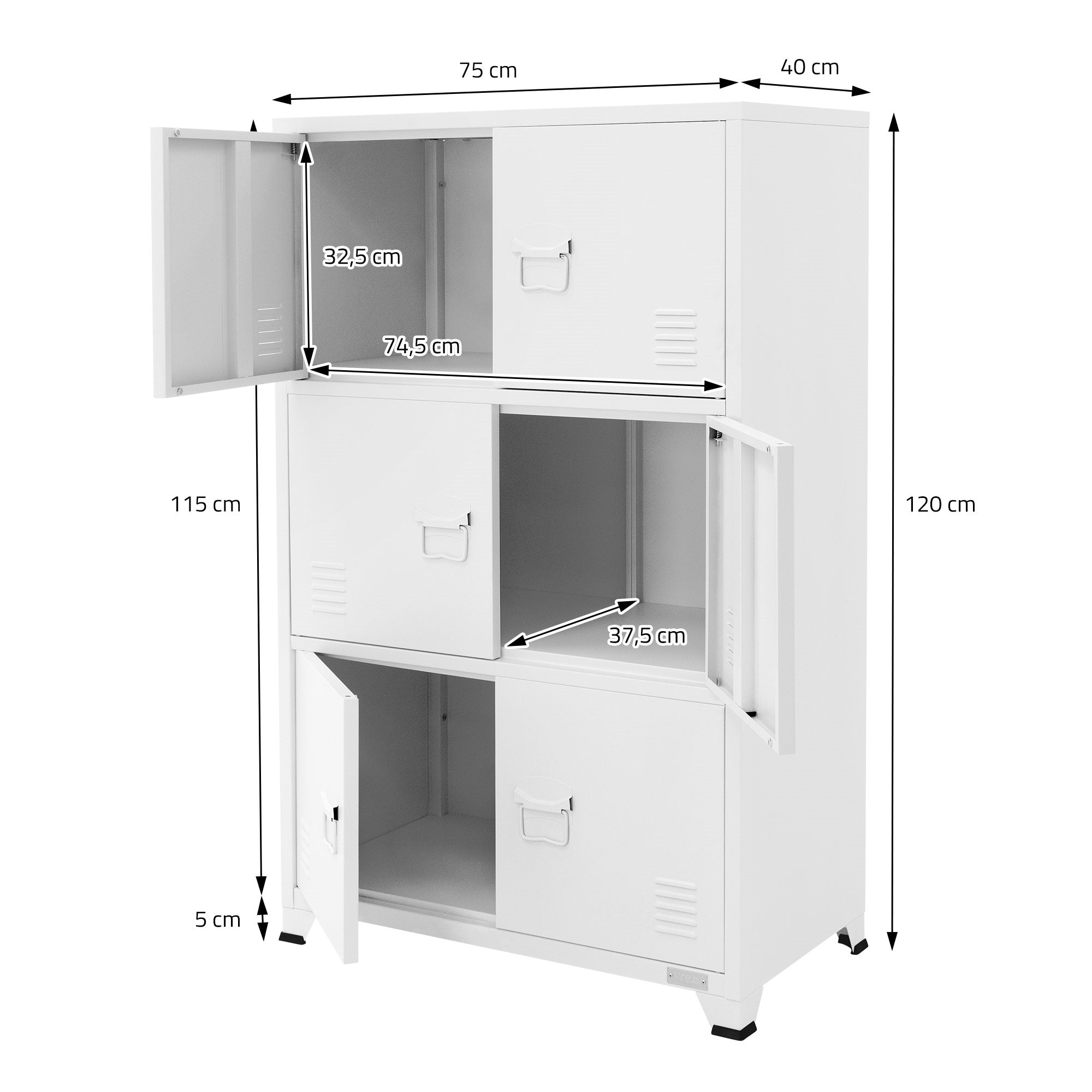 Weißer Schrank mit Maßen und geöffneten Türen.