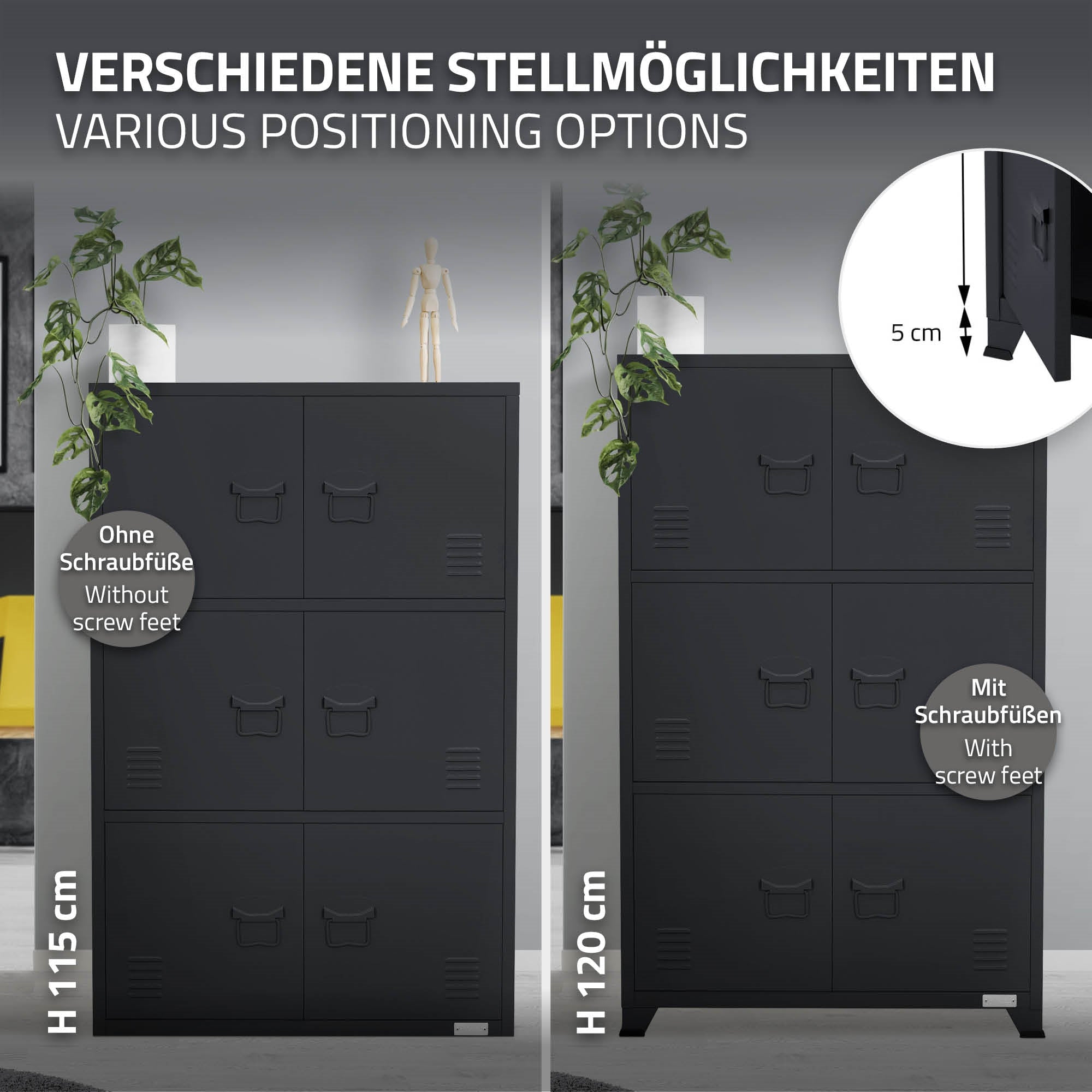 Grafik zeigt verschiedene Stellmöglichkeiten für Möbel mit und ohne Schraubfüße.