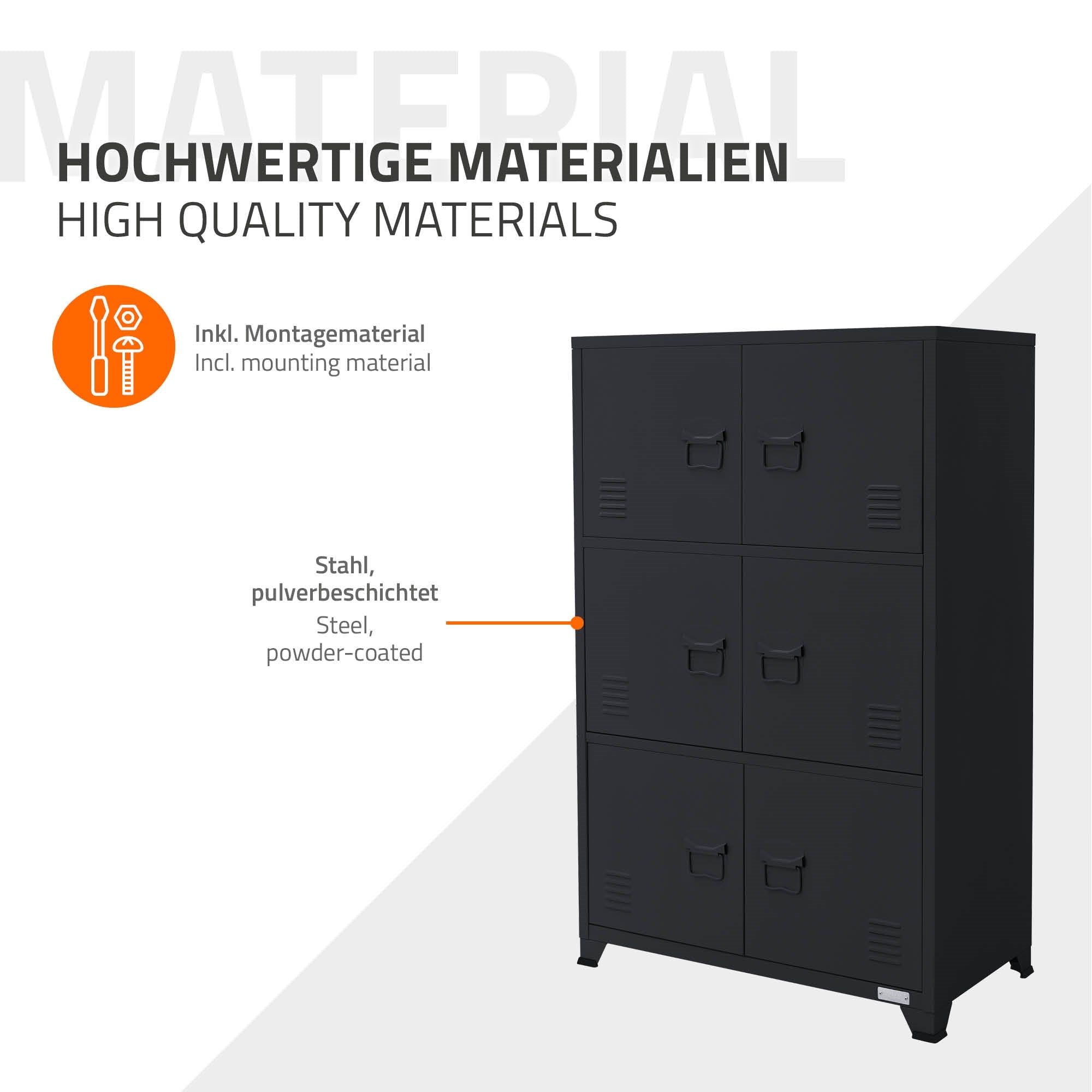 Grafik zu hochwertigen Materialien mit Montagehinweisen.