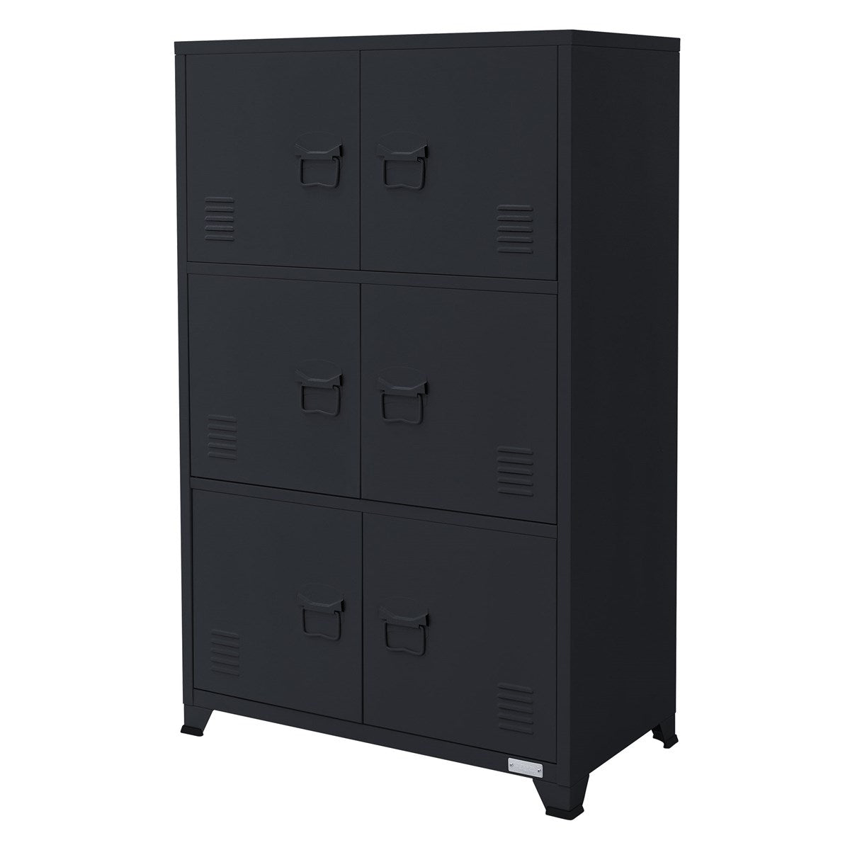 Black cabinet with six compartments and handles.