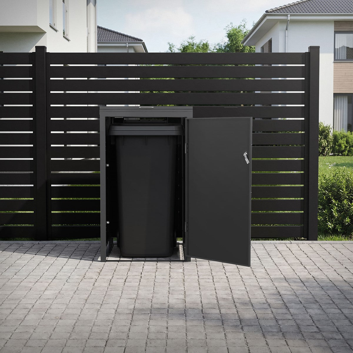 Mülltonnenbox mit geöffneter Tür und Mülltonne im Innenraum.