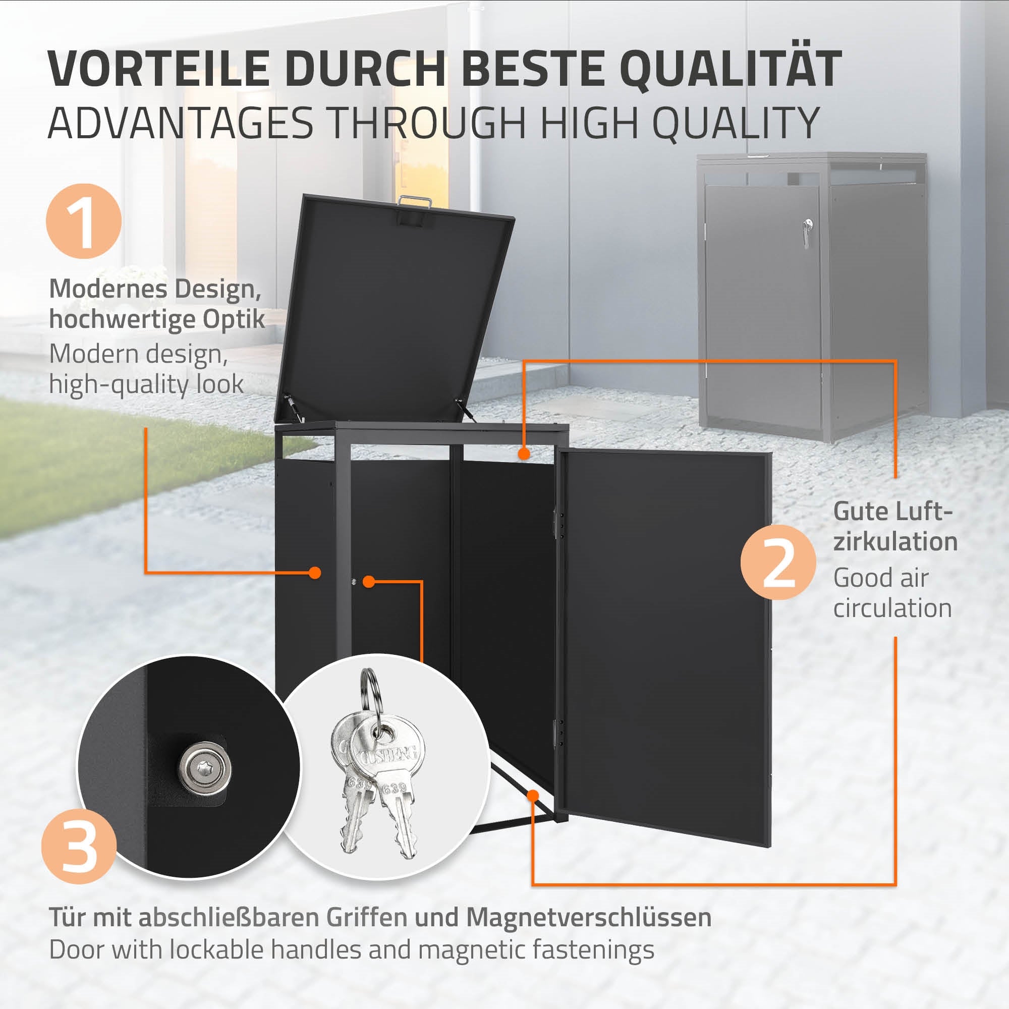 Mülltonnenbox mit Fokus auf gute Luftzirkulation und abschließbaren Türen.