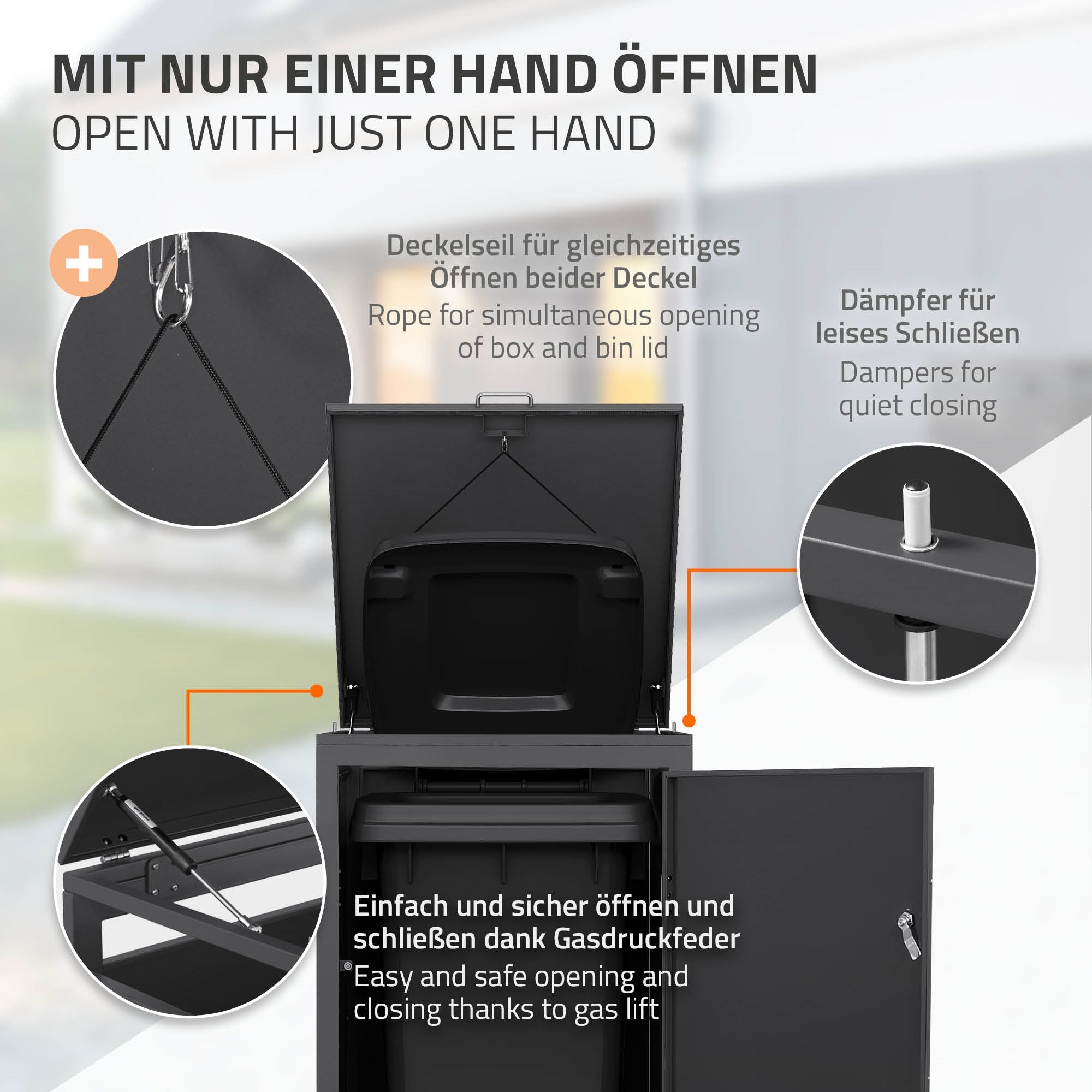Mülltonnenbox mit Deckel, der sich leicht mit einer Hand öffnen lässt.