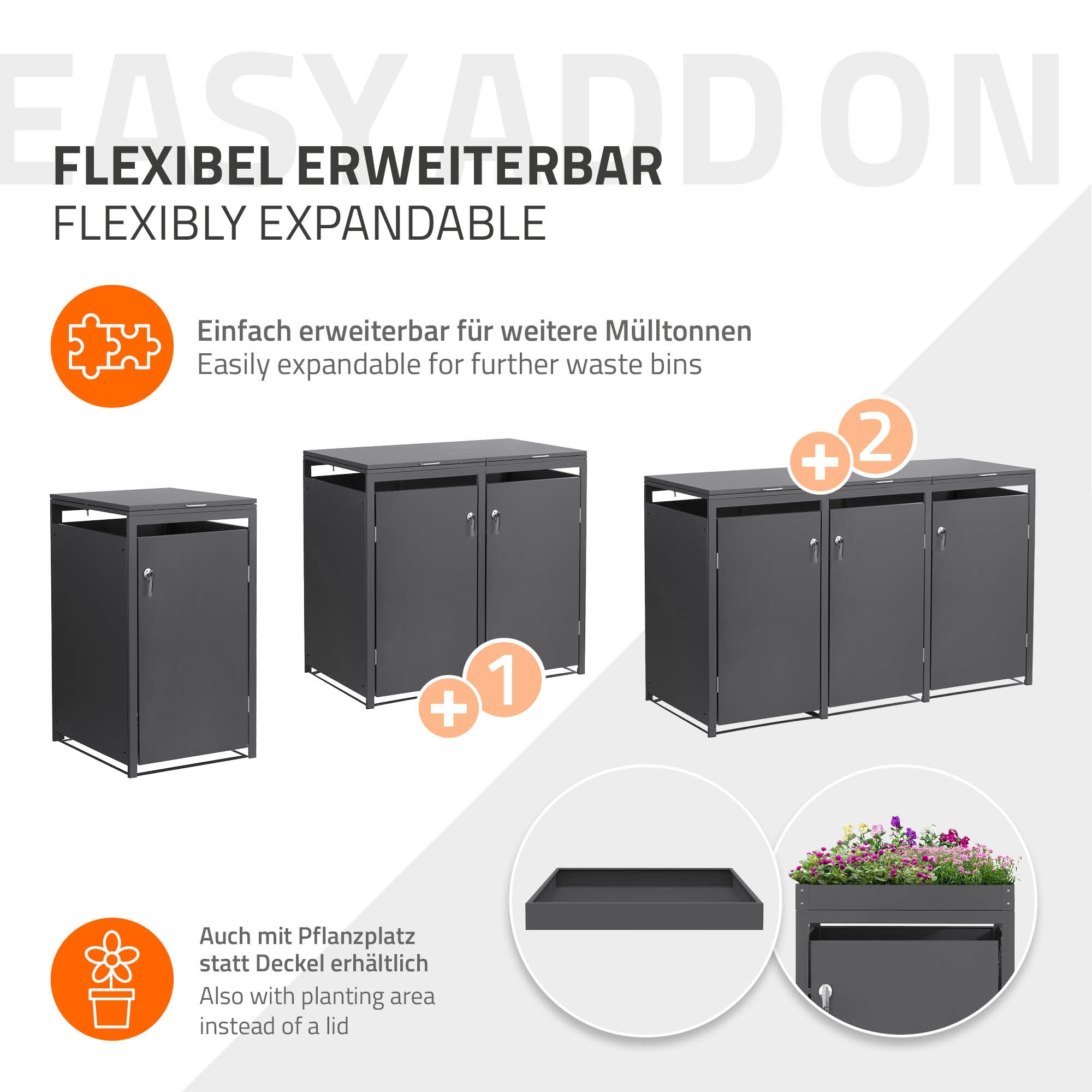 Erweiterbare Mülltonnenbox mit Platz für zusätzliche Mülltonnen.