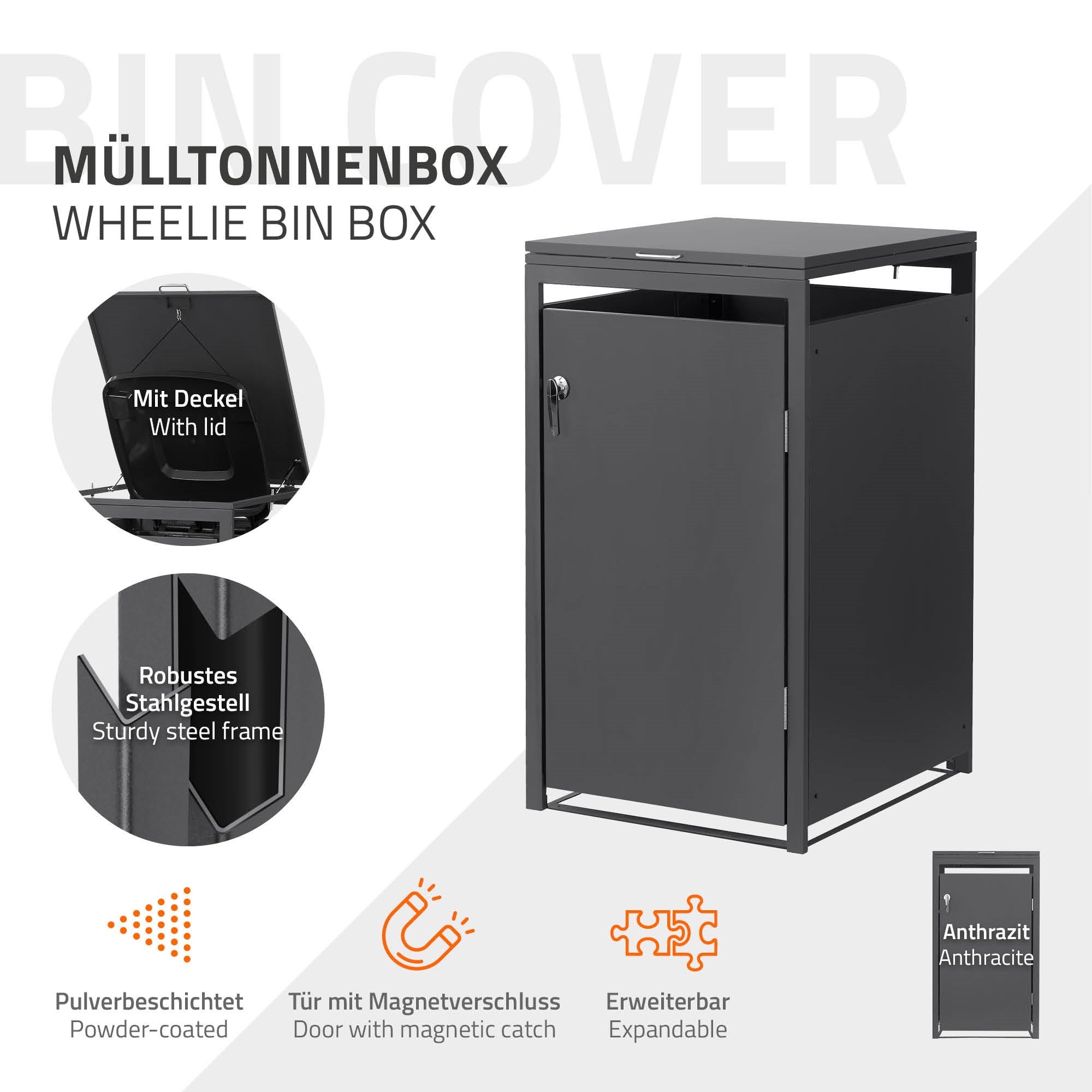 Mülltonnenbox mit Deckel, robuster Stahlrahmen, pulverbeschichtet.