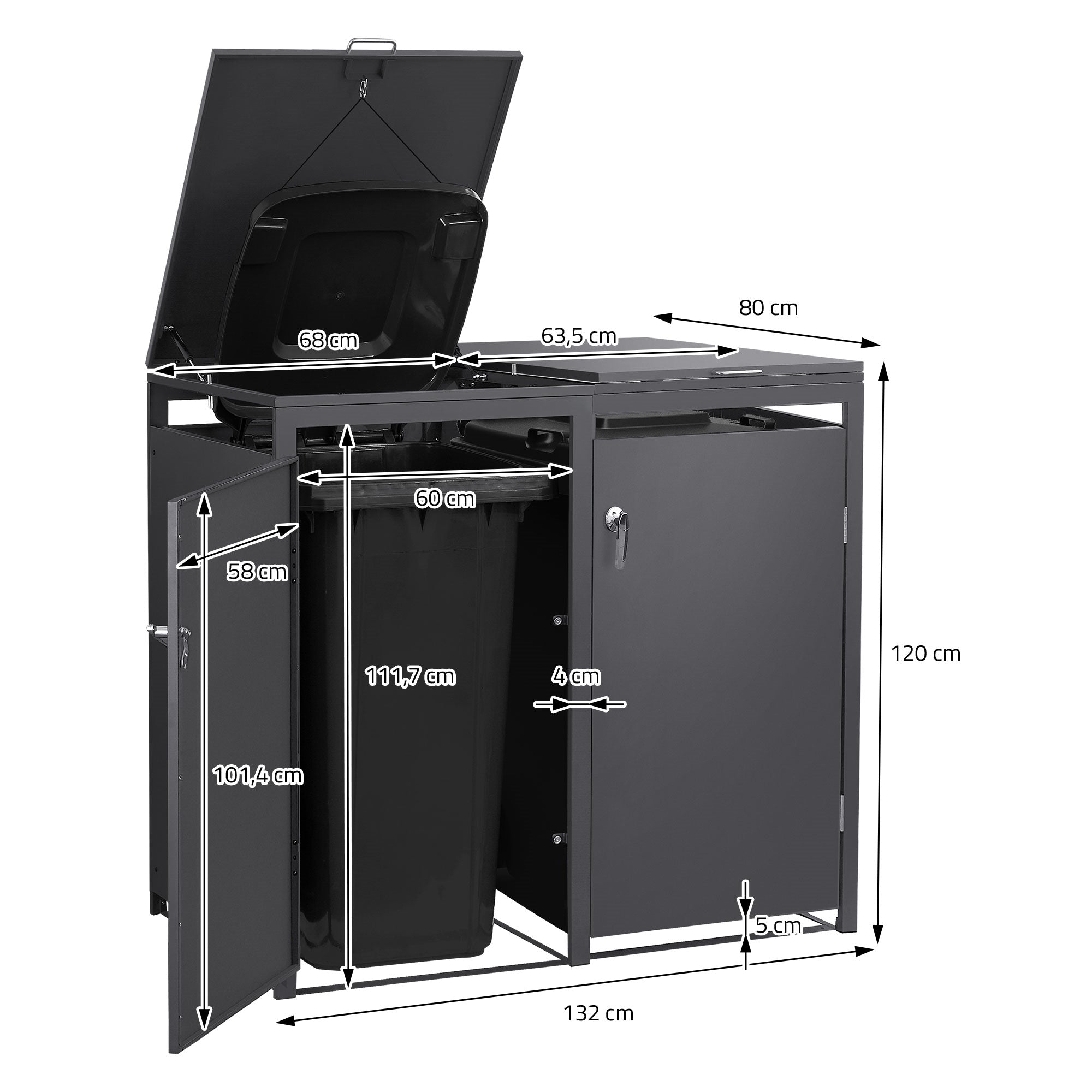 Mülltonnenbox mit zwei Fächern, offen, Maße und Details sichtbar.
