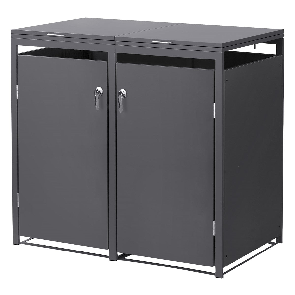 Bin storage unit with two closed doors and no lid.