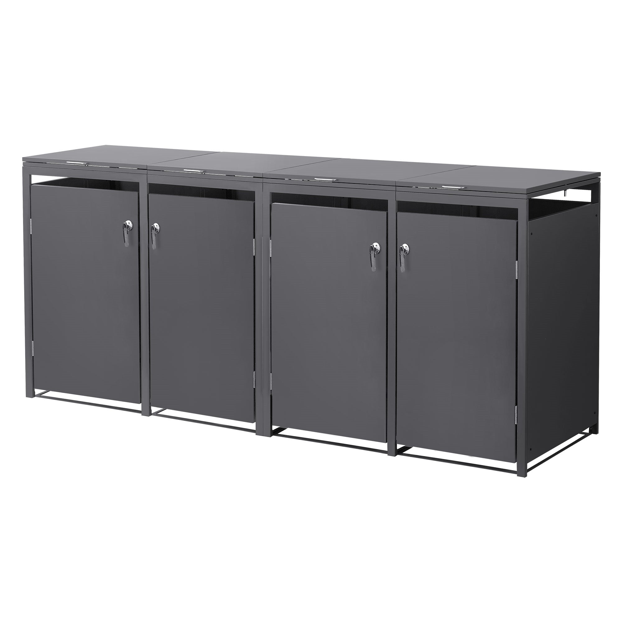 Ein grauer, moderner Schrank mit vier Türen und einem flachen Oberteil.