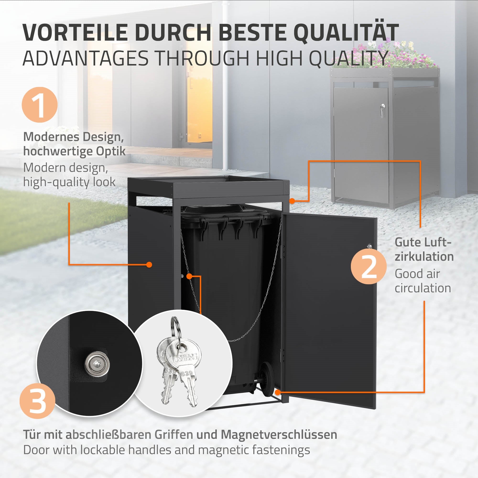Mülltonnenbox in modernem Design, mit abschließbaren Griffen und g