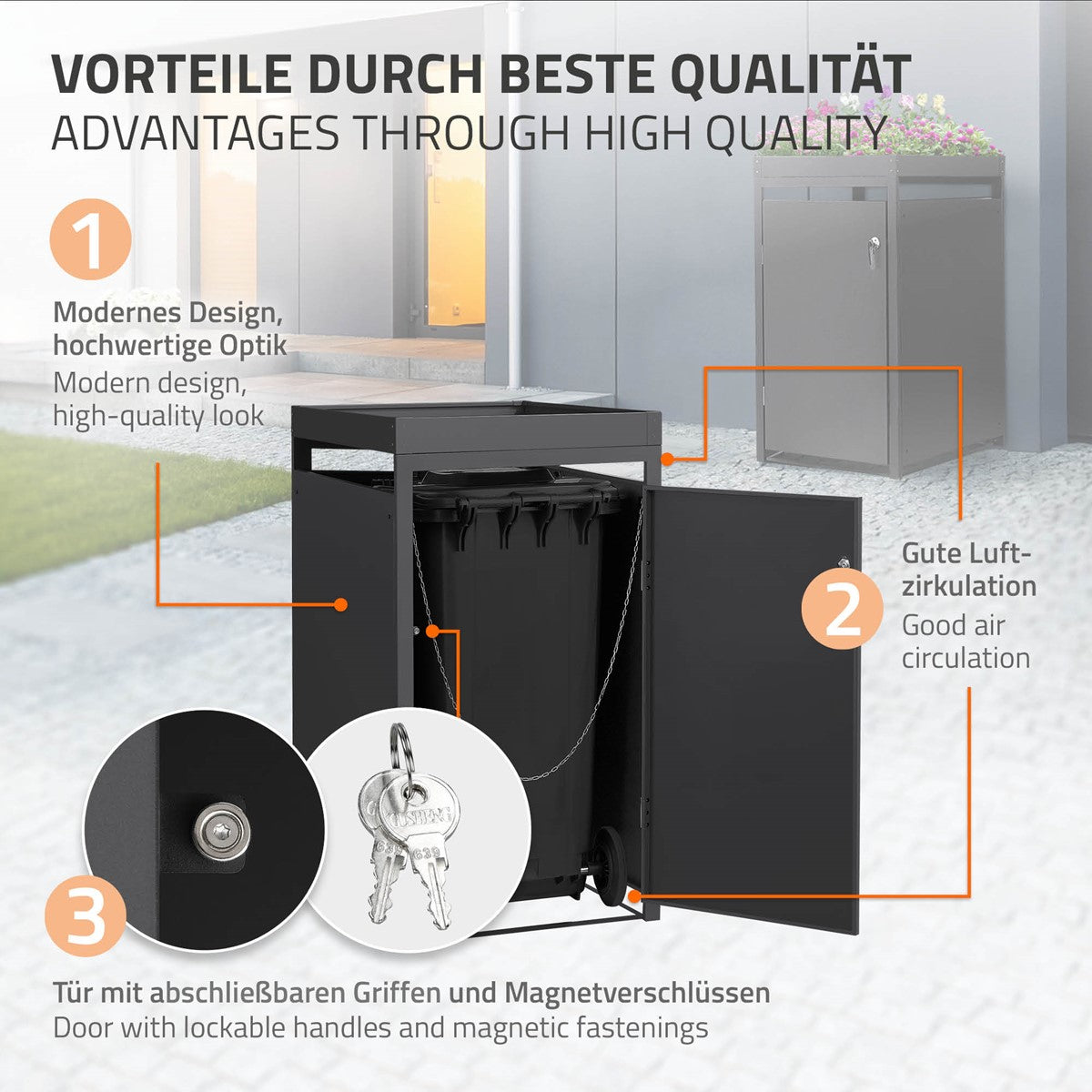 Mülltonnenbox in modernem Design, mit abschließbaren Griffen und g