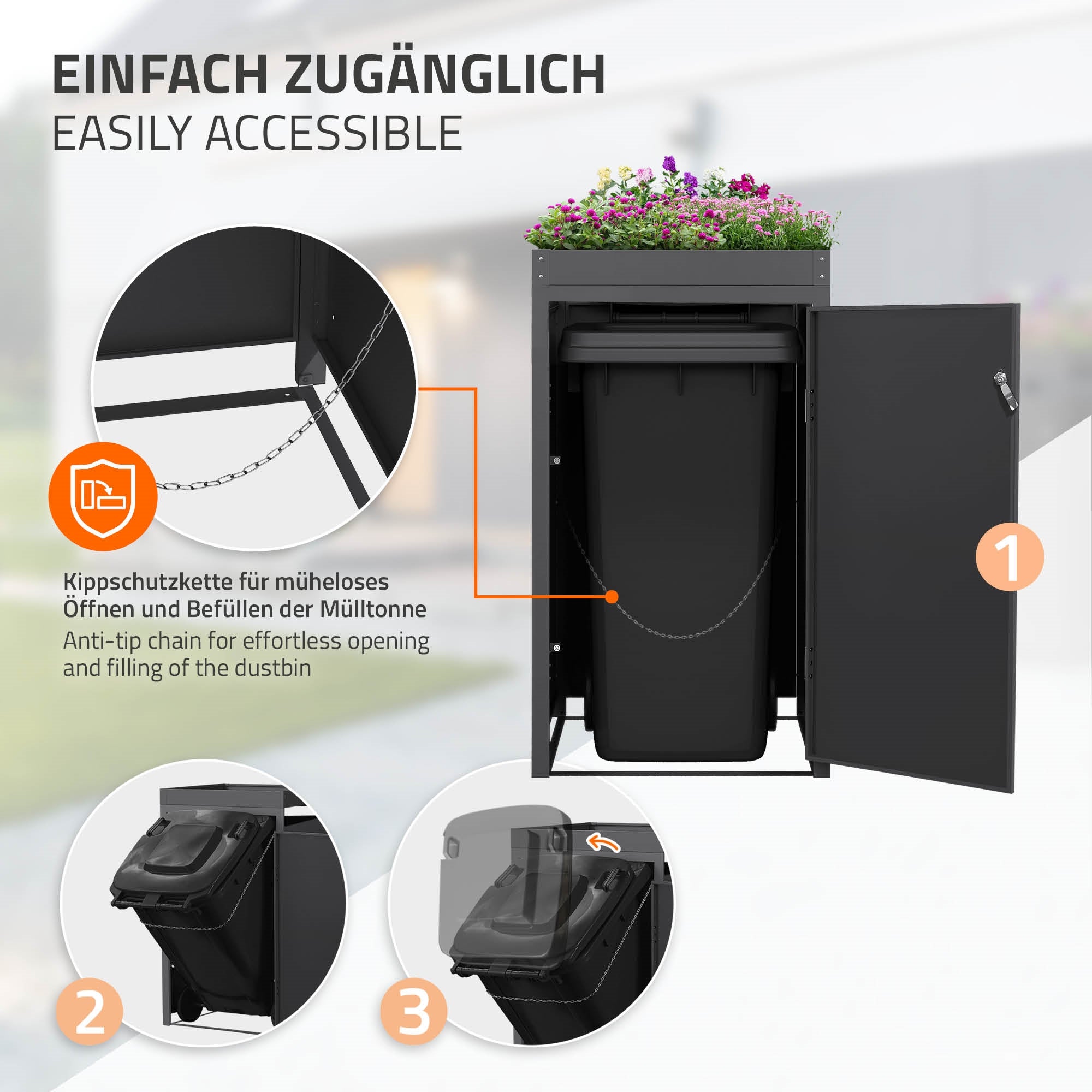 Mülltonnenbox mit Kipp-Schutzkette und geöffneter Tür.